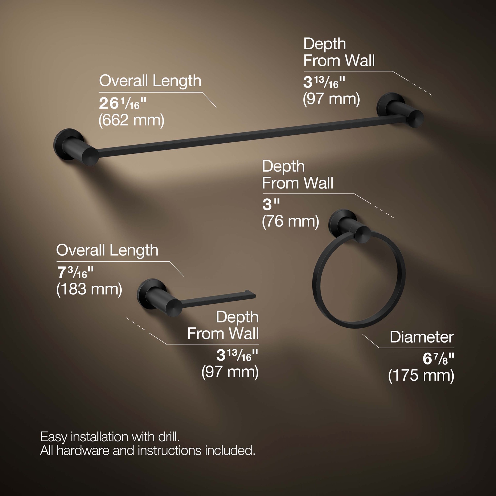 slide 3 of 6, KOHLER 3 -Piece Premise Matte Black Decorative Bathroom Hardware Set Towel Bar, Toilet Paper Holder, Towel Ring Included, 1 ct