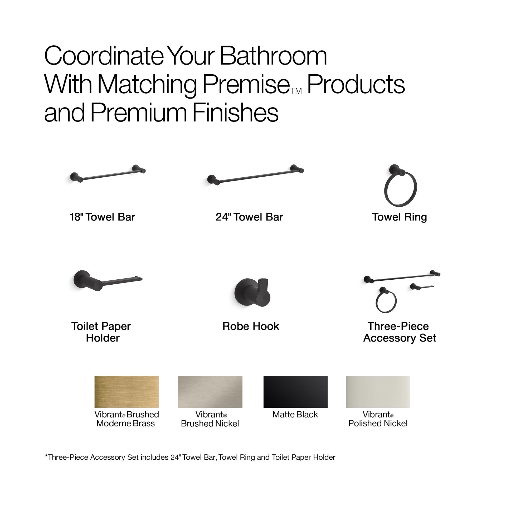 slide 5 of 6, KOHLER 3 -Piece Premise Matte Black Decorative Bathroom Hardware Set Towel Bar, Toilet Paper Holder, Towel Ring Included, 1 ct