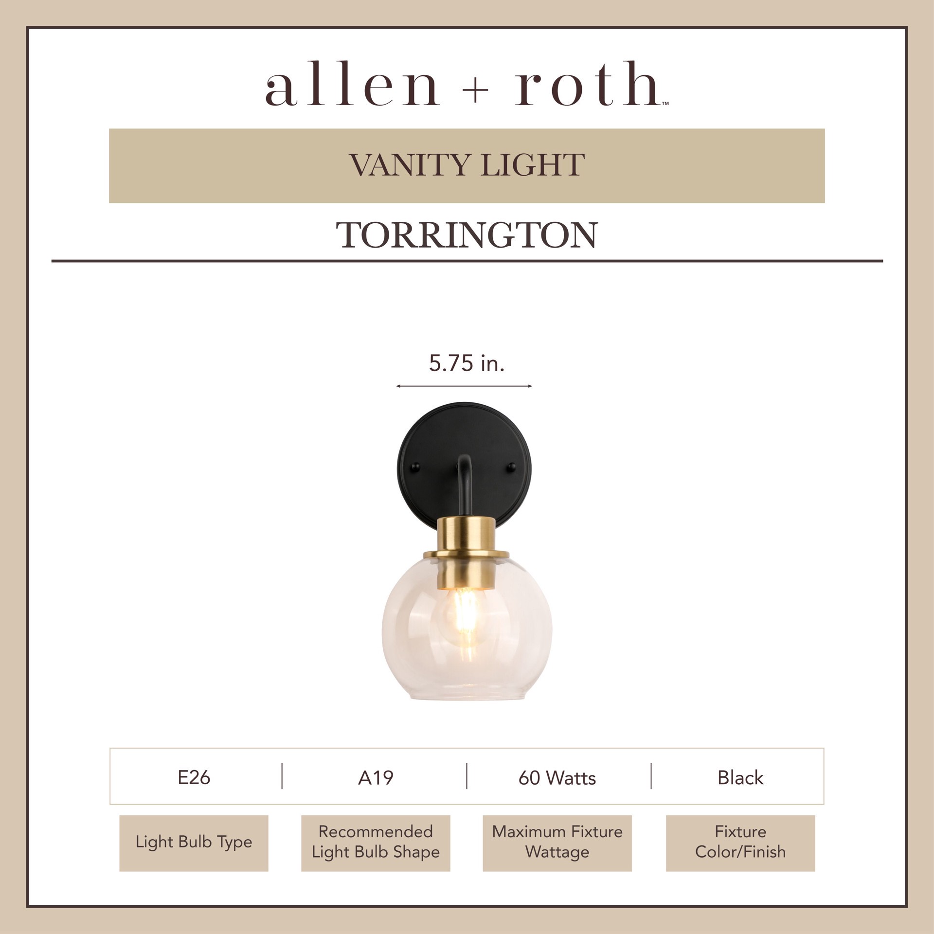 slide 3 of 6, allen + roth Torrington 5.75-in 1 -Light Matte Black Transitional Vanity light, 1 ct
