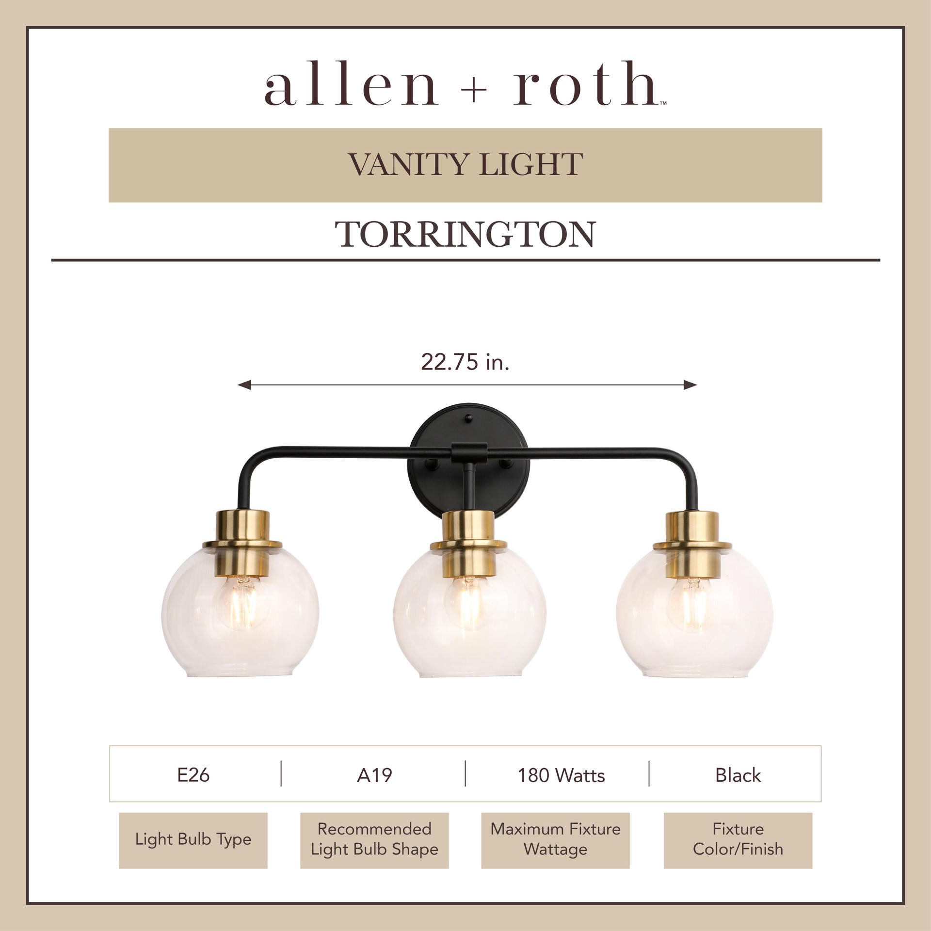 slide 2 of 6, allen + roth Torrington 22.75-in 3 -Light Matte Black Transitional Vanity light, 1 ct