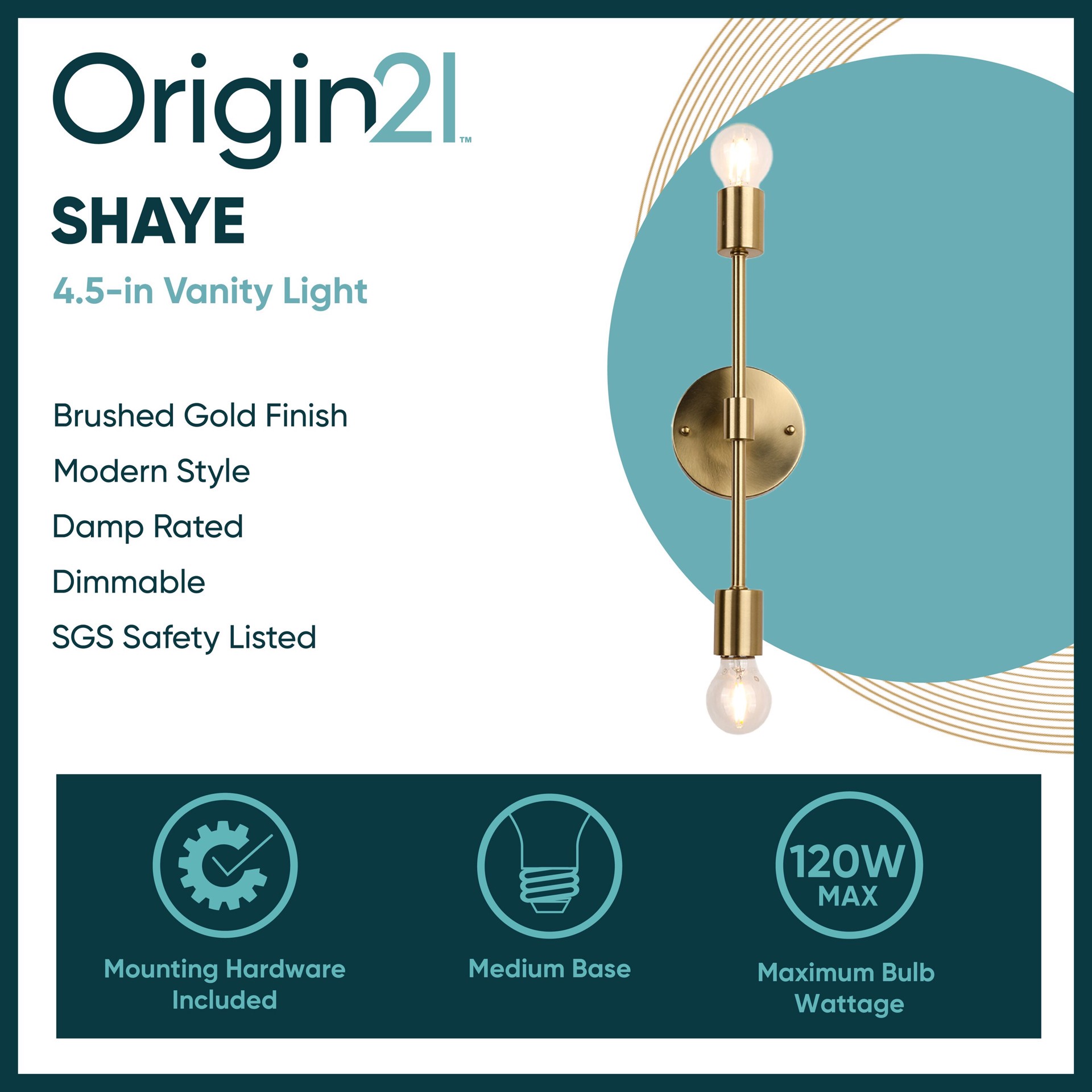 slide 2 of 6, Origin 21 Shaye 4.5-in 2 Light Brushed Gold Modern/contemporary Bathroom Vanity light, 1 ct