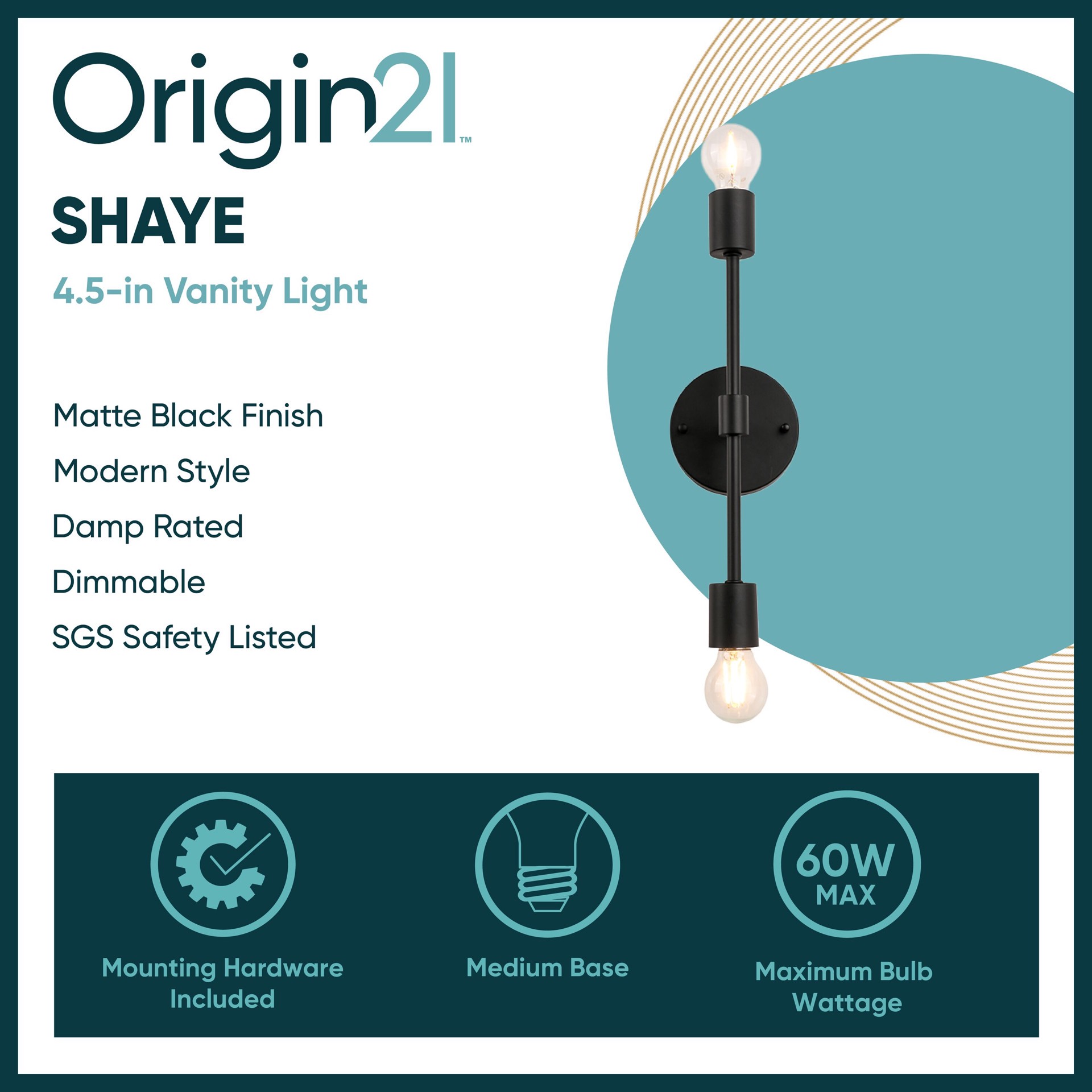 slide 2 of 6, Origin 21 Shaye 4.5-in 2 Light Matte Black Modern/contemporary Bathroom Vanity light, 1 ct