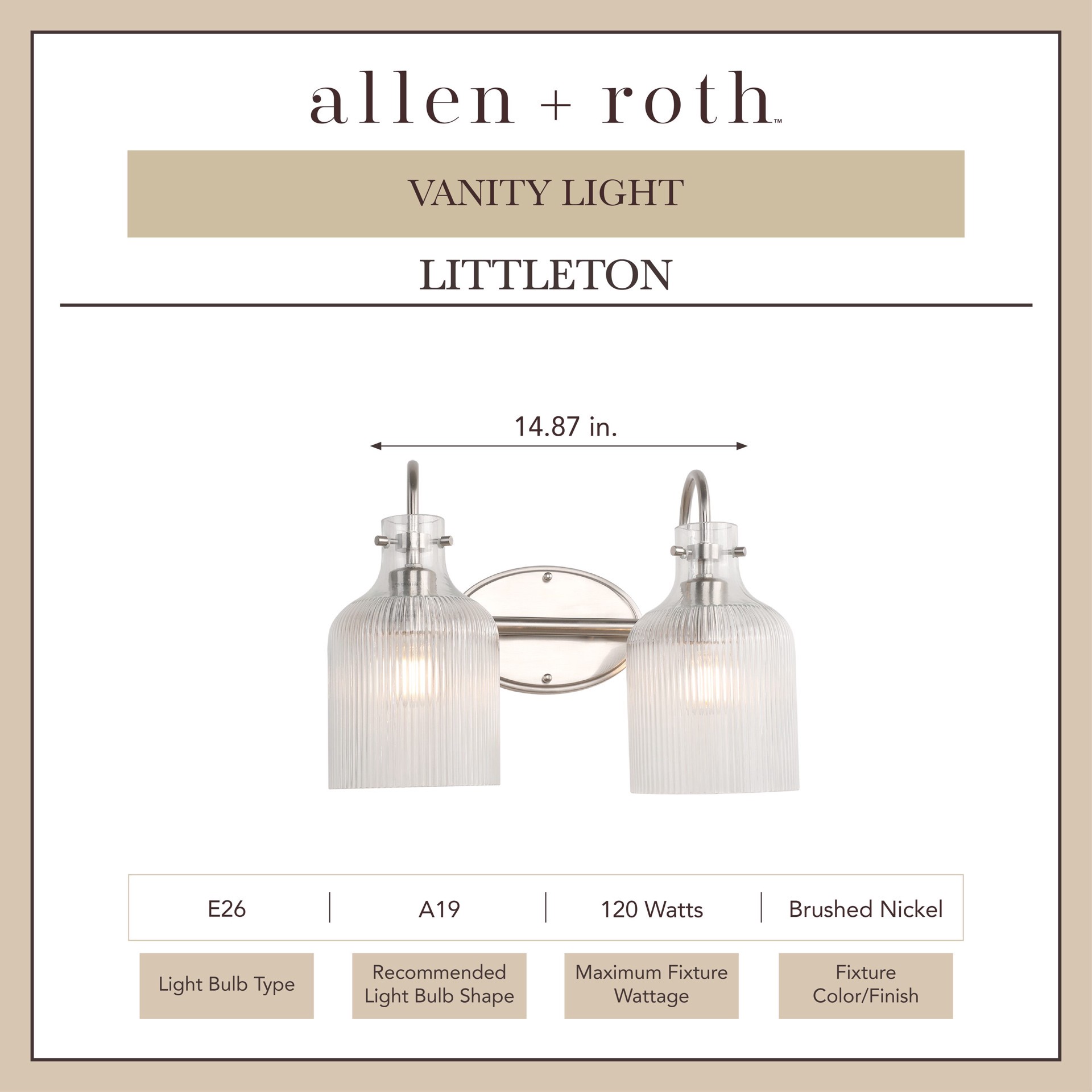 slide 3 of 6, allen + roth Littleton 14.87-in 2 -Light Brushed Nickel Traditional Vanity light, 1 ct