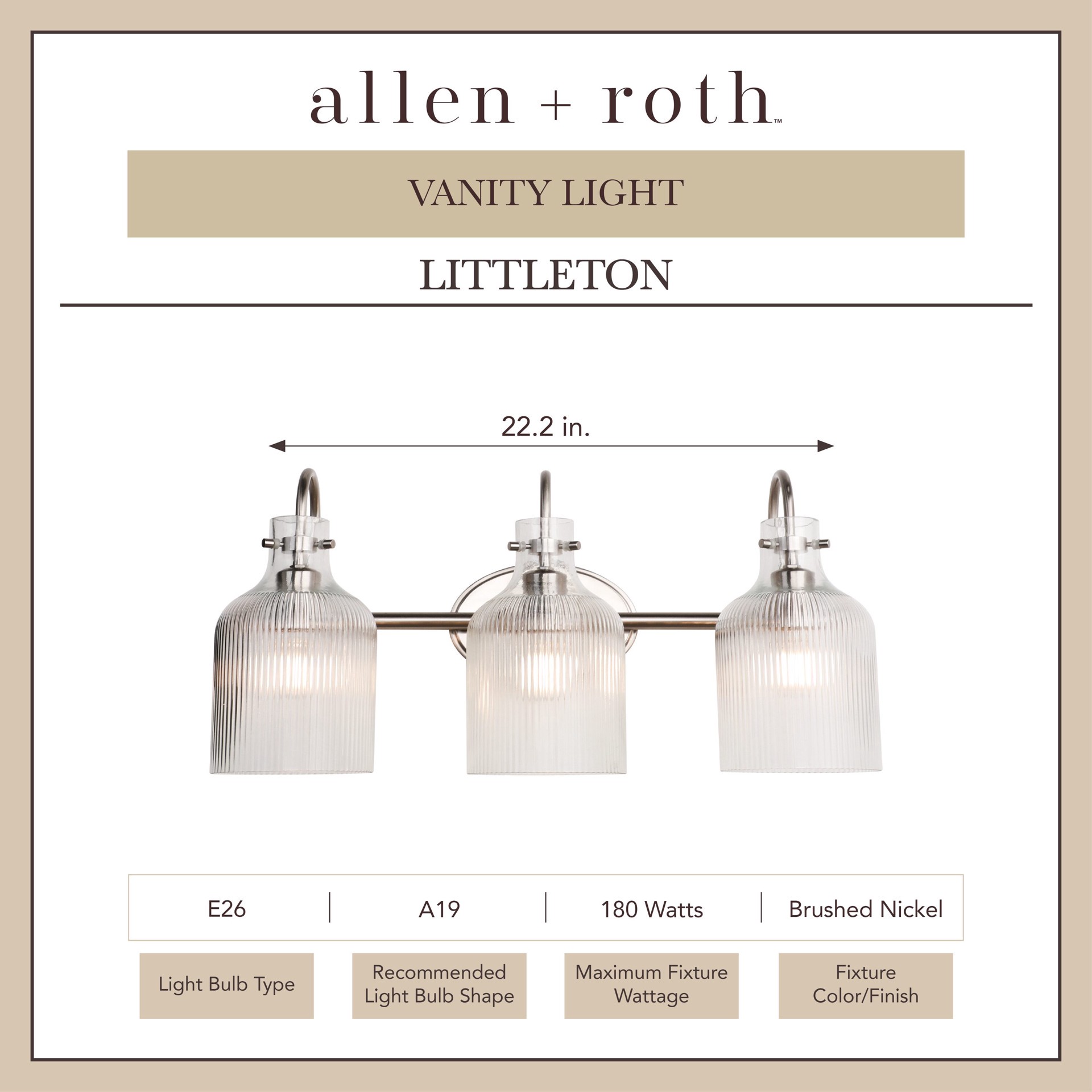 slide 3 of 6, allen + roth Littleton 22.2-in 3 -Light Brushed Nickel Traditional Vanity light, 1 ct