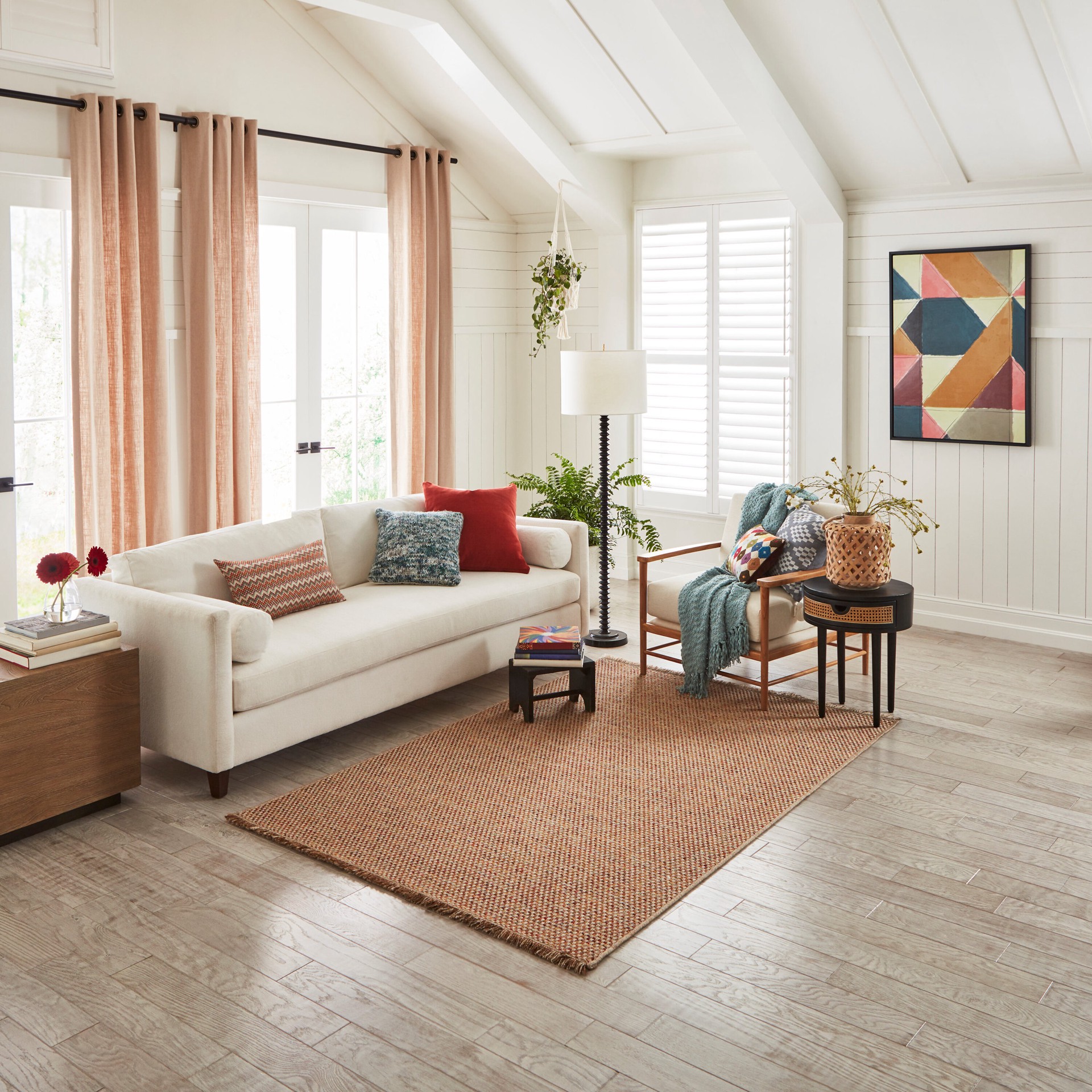 slide 1 of 6, allen + roth with STAINMASTER Crimson Treasure 5 x 8 (ft) Flatweave Multicolor Rectangular Indoor/Outdoor Solid Bohemian/Eclectic Pet Friendly Area rug, 1 ct