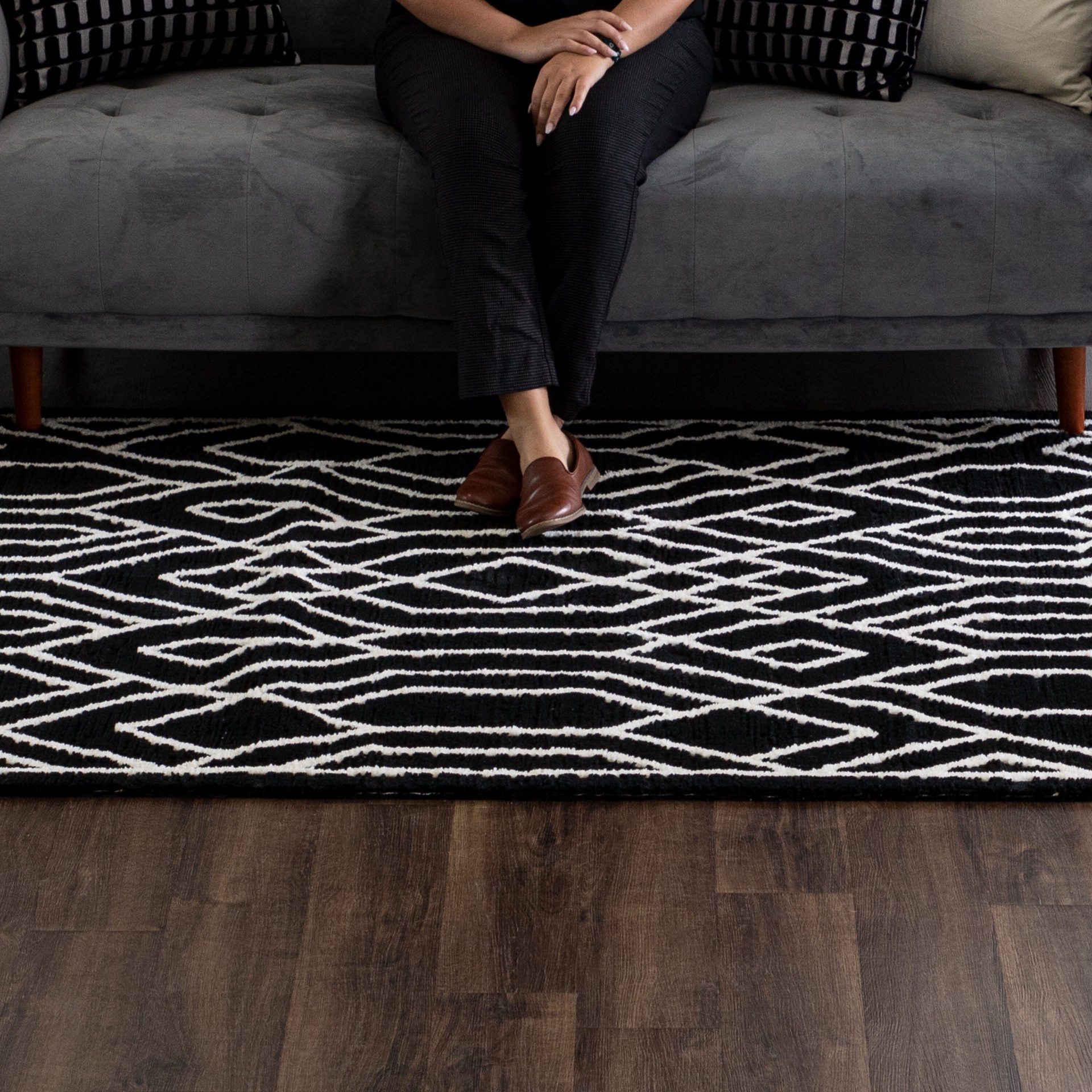 slide 5 of 6, allen + roth Dark Exuberance 5 x 7 (ft) Loomed Black and white Rectangular Indoor Pet Friendly Area rug, 1 ct