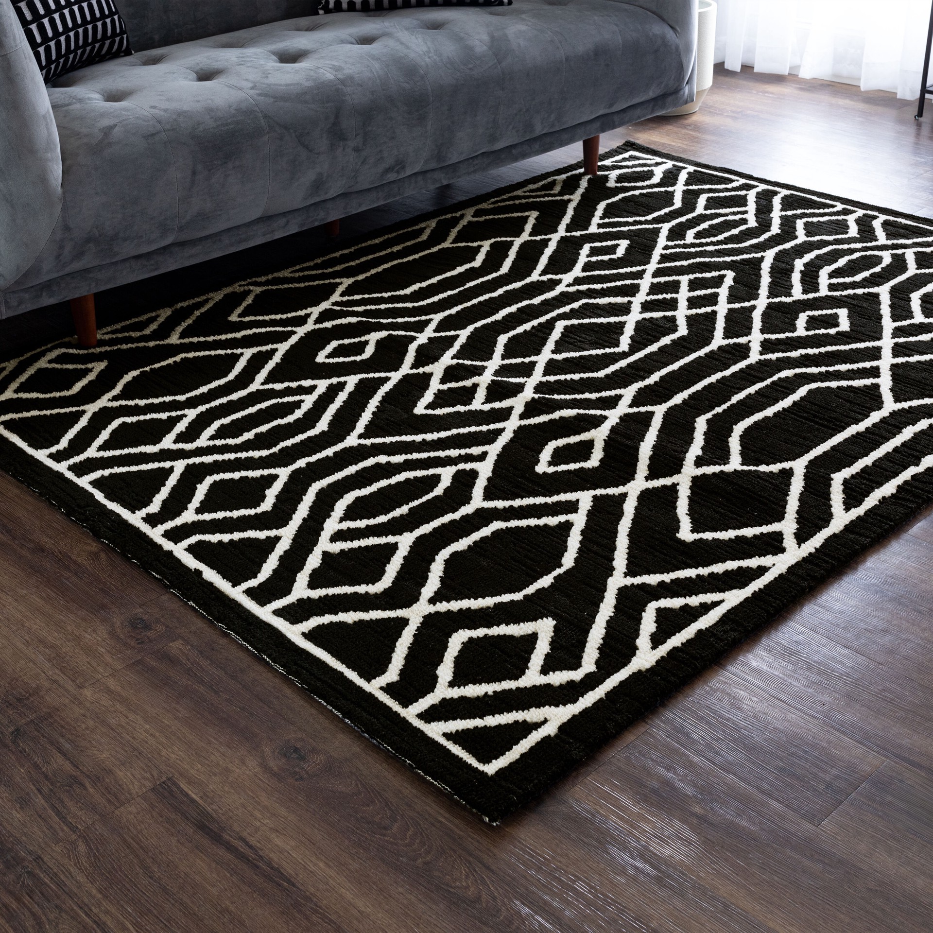 slide 6 of 6, allen + roth Dark Exuberance 5 x 7 (ft) Loomed Black and white Rectangular Indoor Pet Friendly Area rug, 1 ct