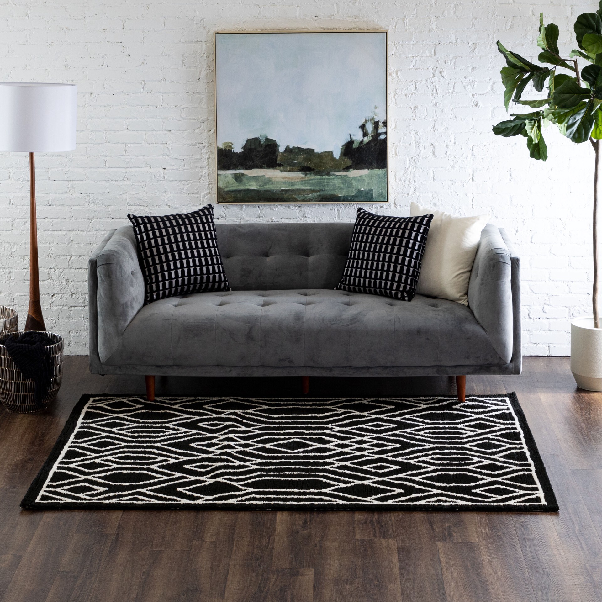 slide 1 of 6, allen + roth Dark Exuberance 5 x 7 (ft) Loomed Black and white Rectangular Indoor Pet Friendly Area rug, 1 ct