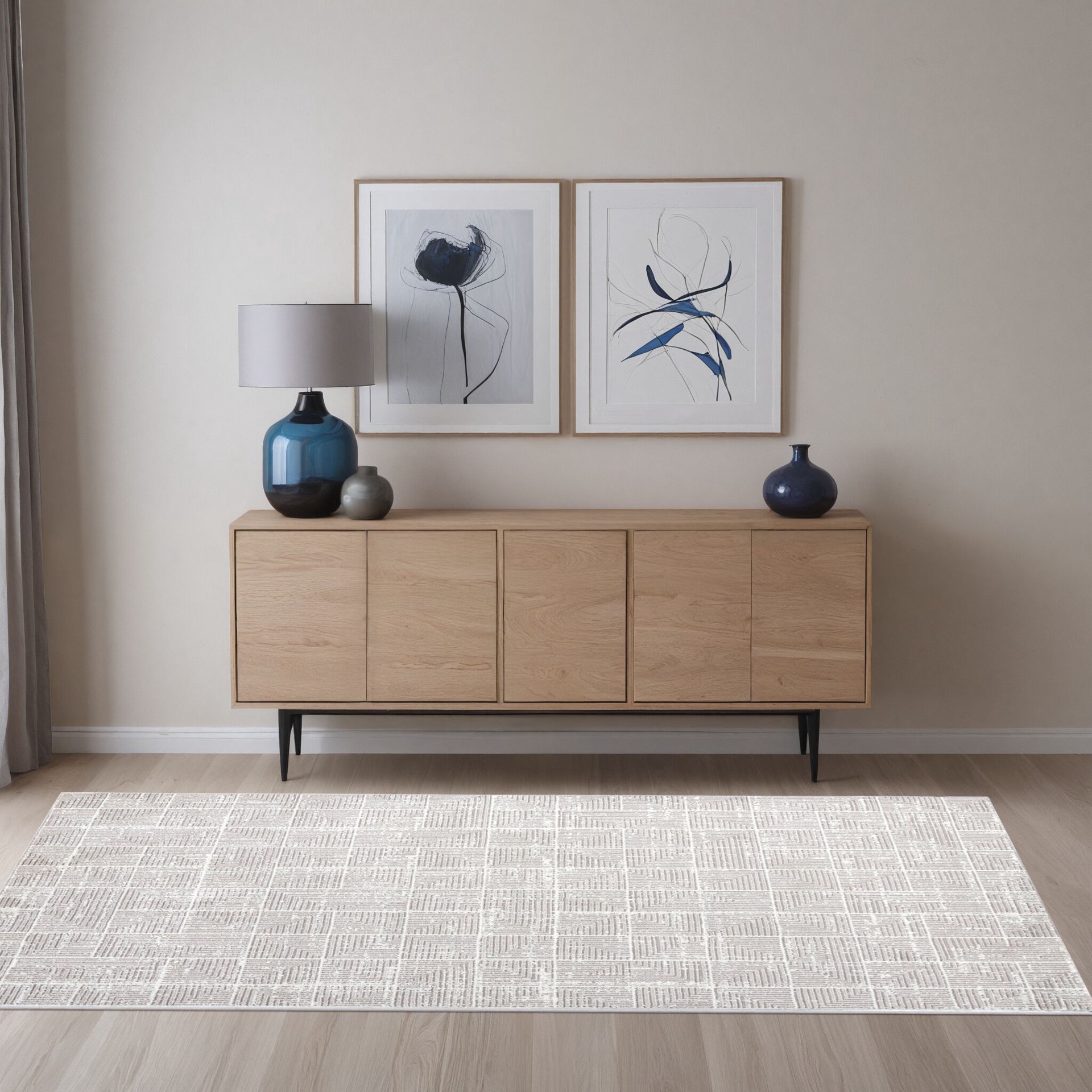 slide 2 of 6, Origin 21 with STAINMASTER Symmetrical Sands 5 x 8 (ft) Loomed Polyester Beige Rectangular Indoor Geometric Industrial Spot Clean Only Pet Friendly Area rug, 1 ct