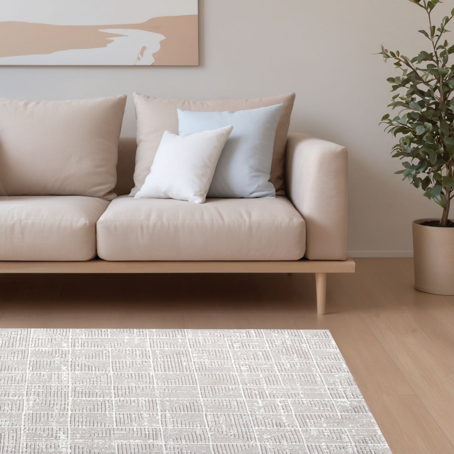 slide 3 of 6, Origin 21 with STAINMASTER Symmetrical Sands 5 x 8 (ft) Loomed Polyester Beige Rectangular Indoor Geometric Industrial Spot Clean Only Pet Friendly Area rug, 1 ct