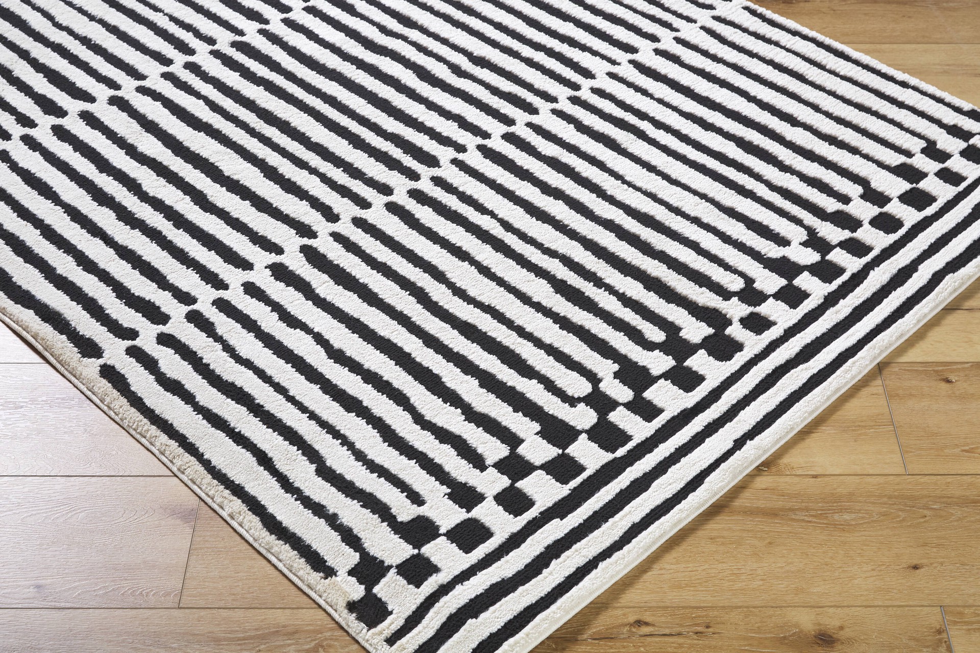 slide 6 of 6, Origin 21 Obsidian Mirage 2 x 3 (ft) Loomed Polyester/Polypropylene Onyx/White Rectangular Indoor Stripe Moroccan Spot Clean Only Pet Friendly Area rug, 1 ct