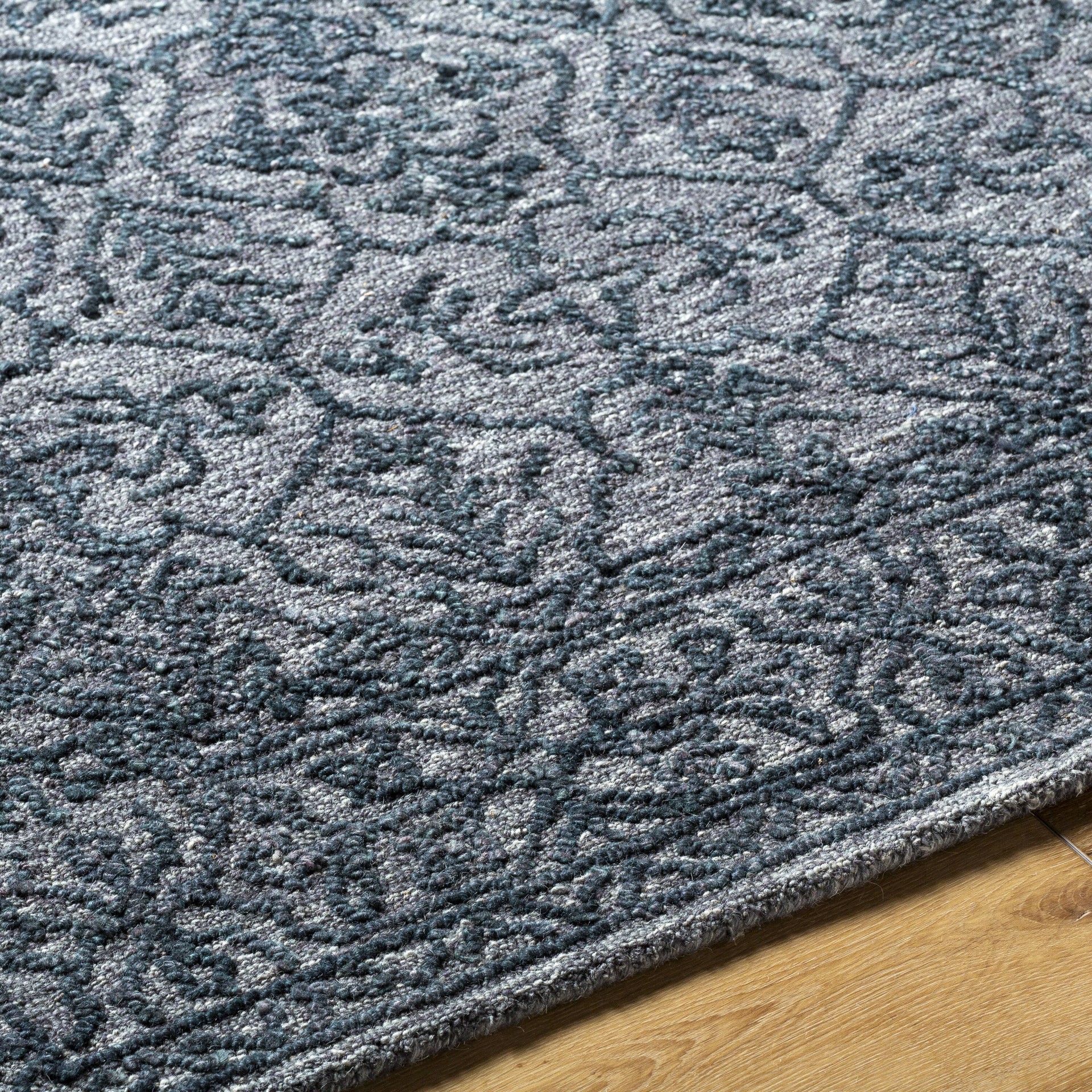 slide 4 of 6, allen + roth Relaxing Midnight 5 x 8 (ft) Knotted Wool Blue Rectangular Indoor Trellis Persian Pet Friendly Area rug, 1 ct