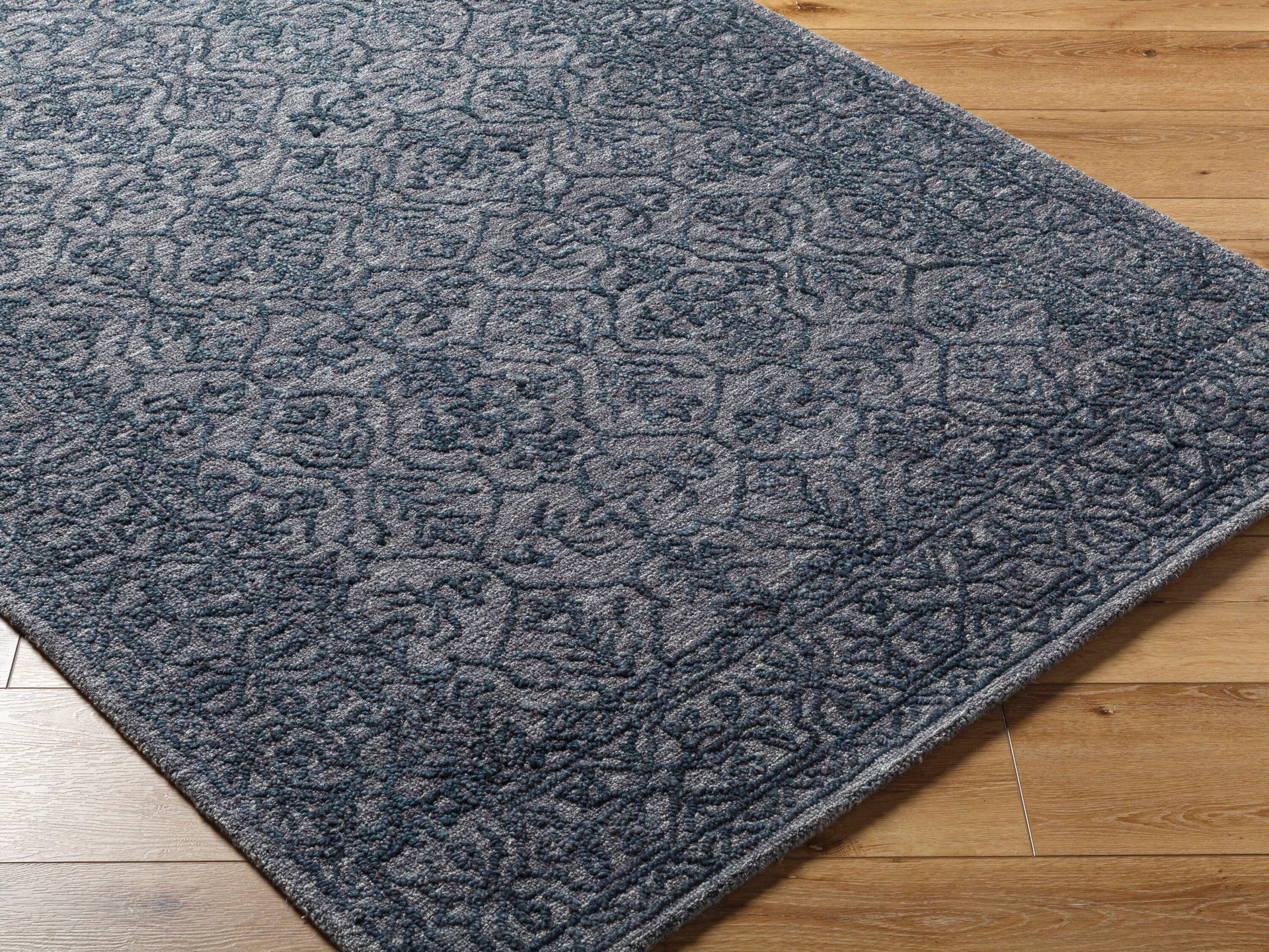 slide 6 of 6, allen + roth Relaxing Midnight 5 x 8 (ft) Knotted Wool Blue Rectangular Indoor Trellis Persian Pet Friendly Area rug, 1 ct