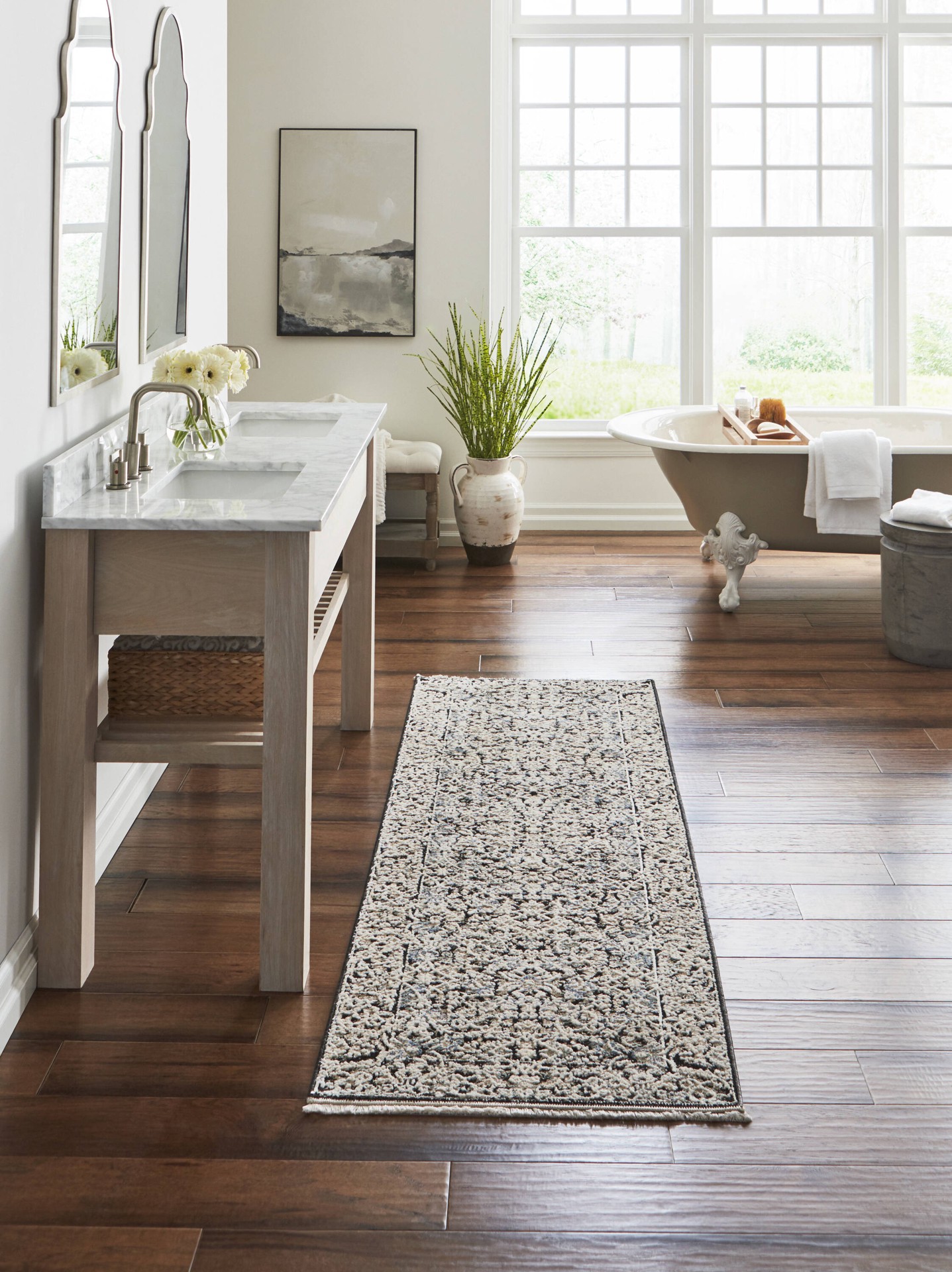 slide 1 of 6, allen + roth Speckled Obsidian 2 x 8 (ft) Loomed Black Rectangular Indoor Medallion Persian Pet Friendly Runner rug, 1 ct