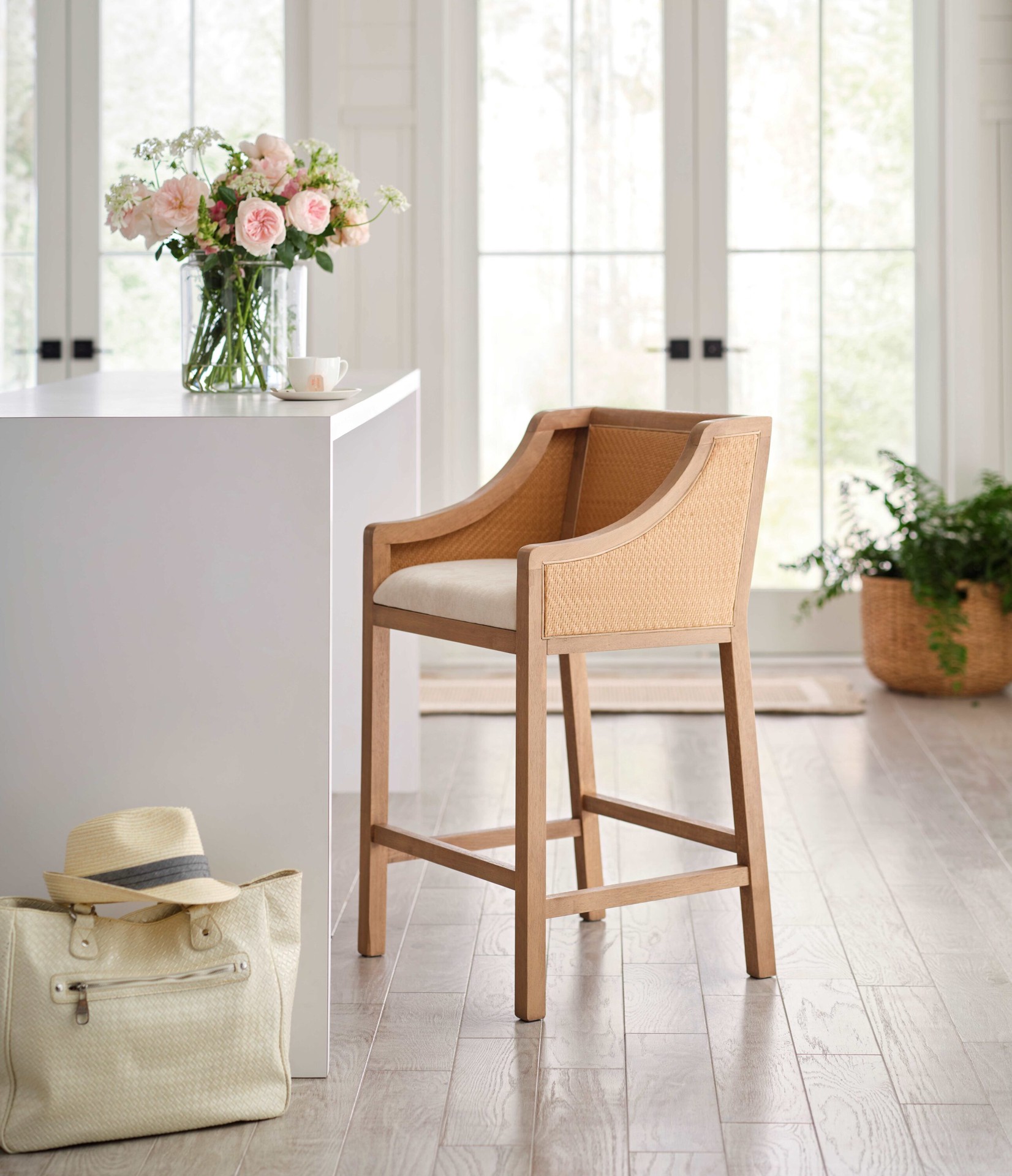 slide 1 of 6, allen + roth Tan 26.0-in H Counter height Upholstered Composite Bar Stool, 1 ct