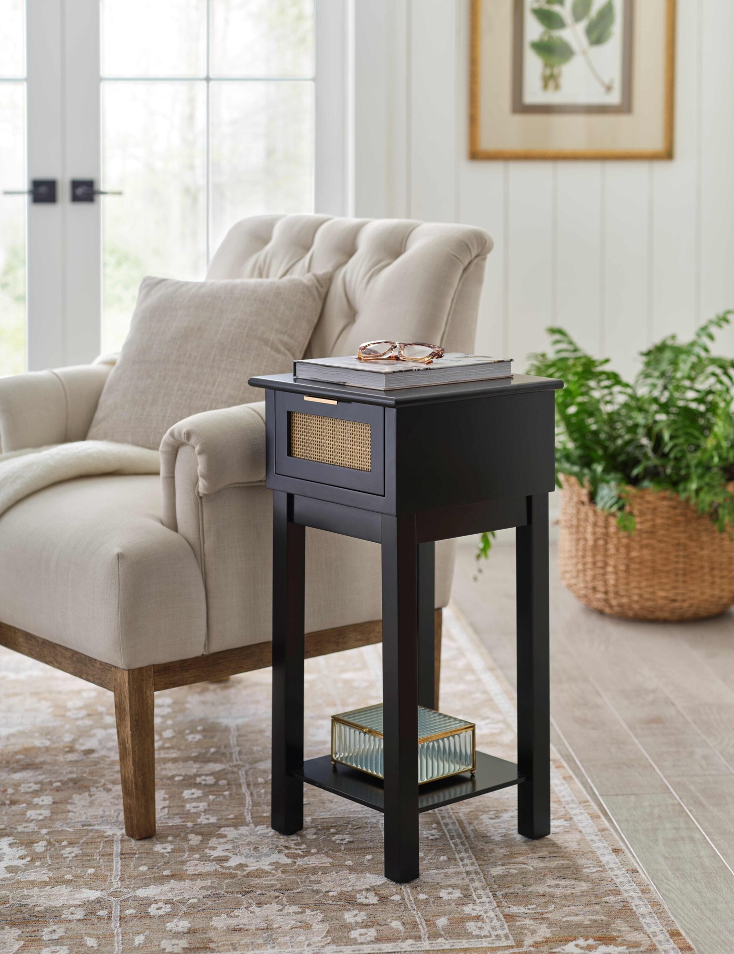 slide 1 of 6, allen + roth 14-in W x 28-in H Black Wood veneer Square Casual End Table, 1 ct
