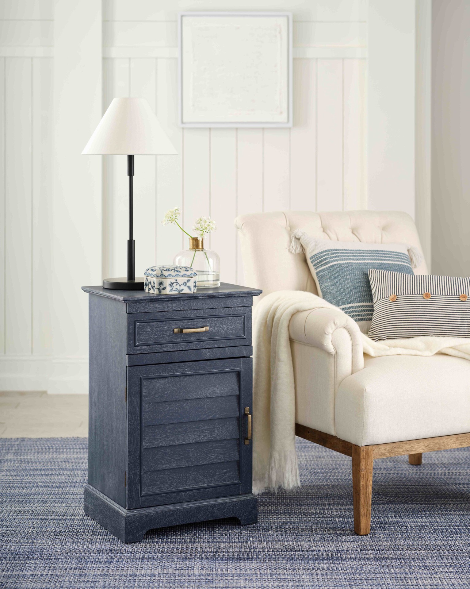 slide 1 of 6, allen + roth 18-in W x 28-in H Blue Wood veneer Square Farmhouse End Table Assembly Required, 1 ct