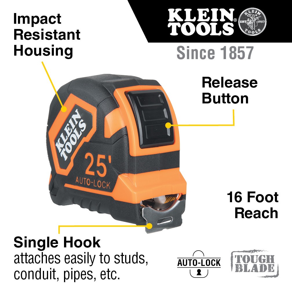 slide 2 of 6, Klein Tools Tape Measure, 25-Foot Single-Hook Auto-Lock, 1 ct