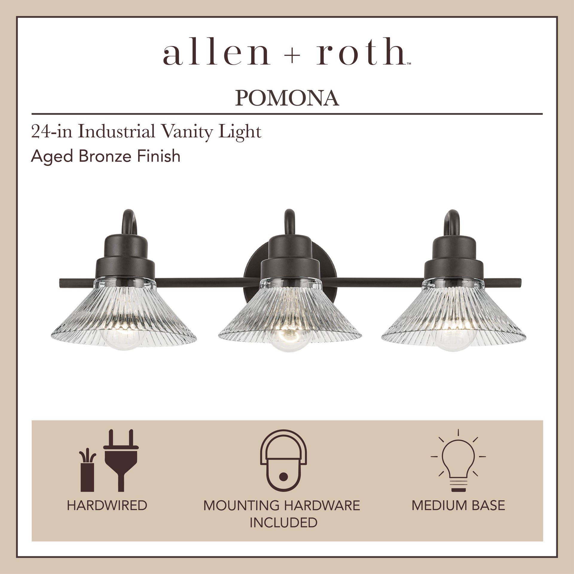 slide 3 of 6, allen + roth Pomona 24-in 3 -Light Antique Bronze Farmhouse Vanity light, 1 ct