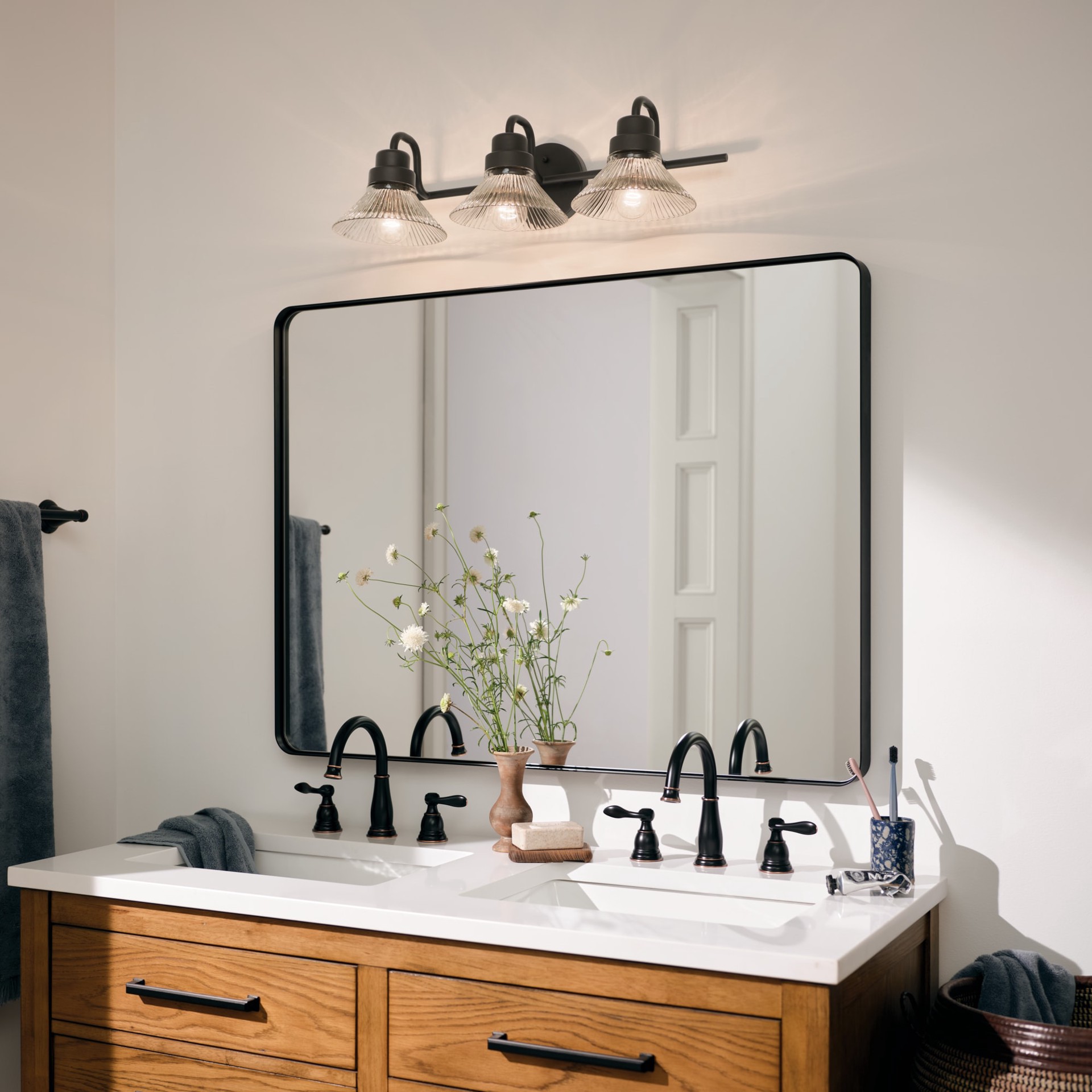 slide 4 of 6, allen + roth Pomona 24-in 3 -Light Antique Bronze Farmhouse Vanity light, 1 ct