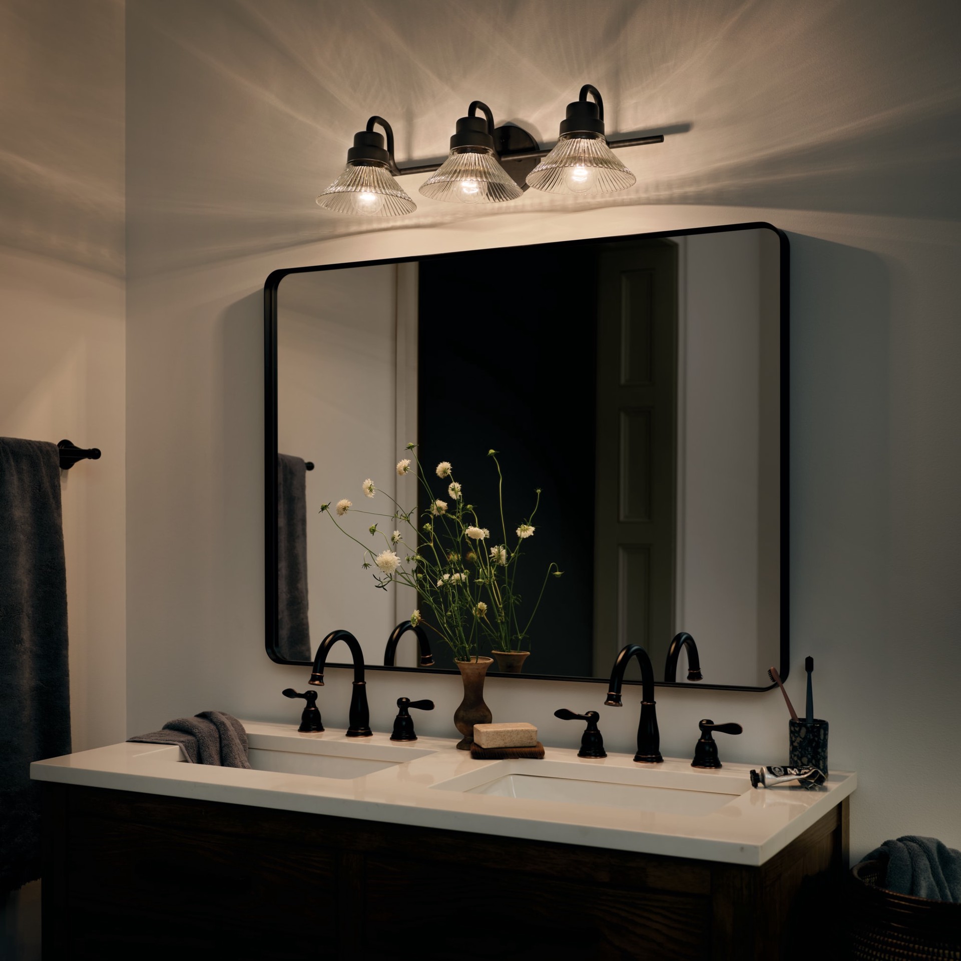 slide 5 of 6, allen + roth Pomona 24-in 3 -Light Antique Bronze Farmhouse Vanity light, 1 ct