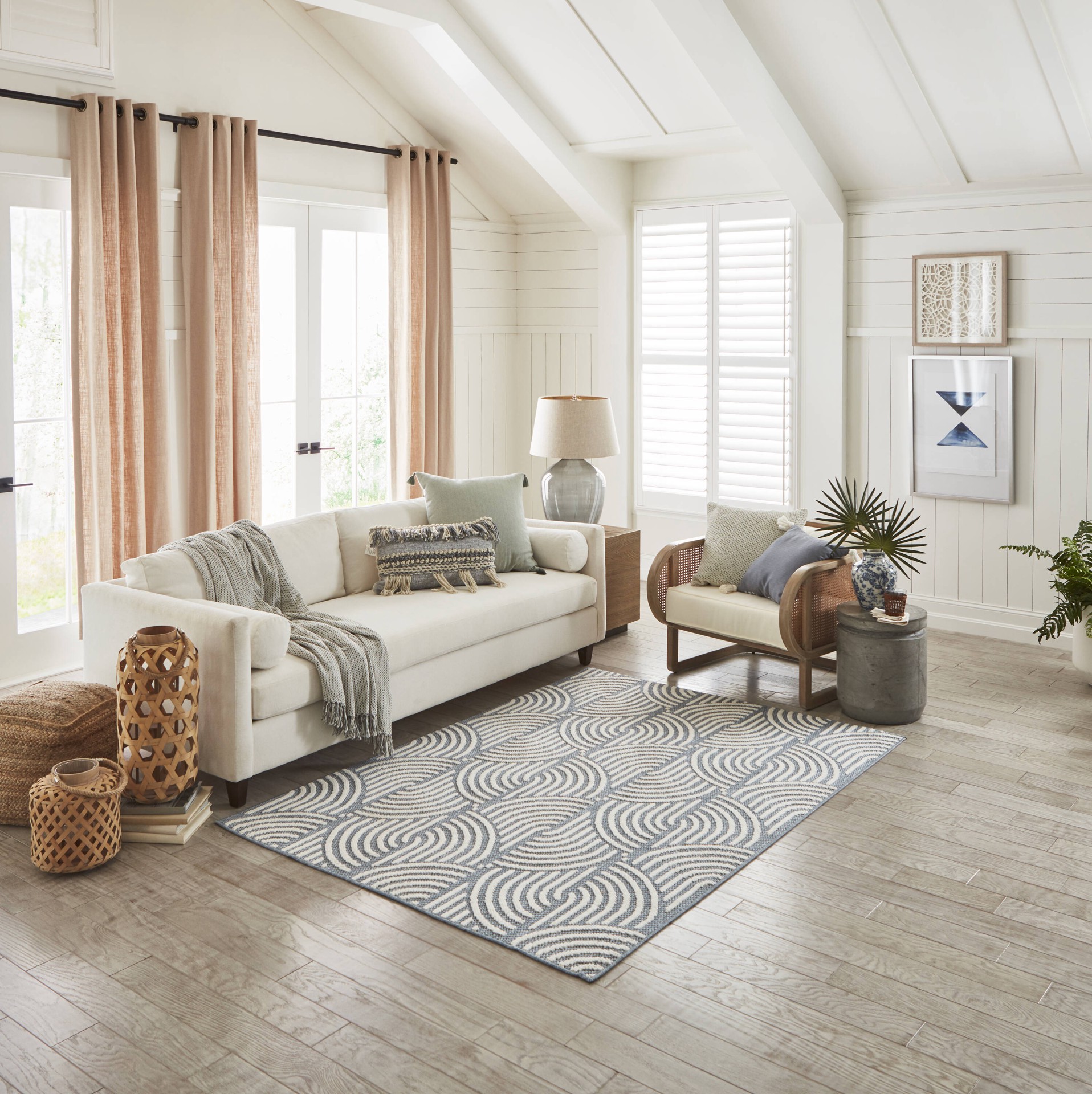 slide 1 of 6, allen + roth Rounded Shores 5 x 8 (ft) Loomed Light Blue Rectangular Indoor Geometric Mid-Century Modern Pet Friendly Area rug, 1 ct