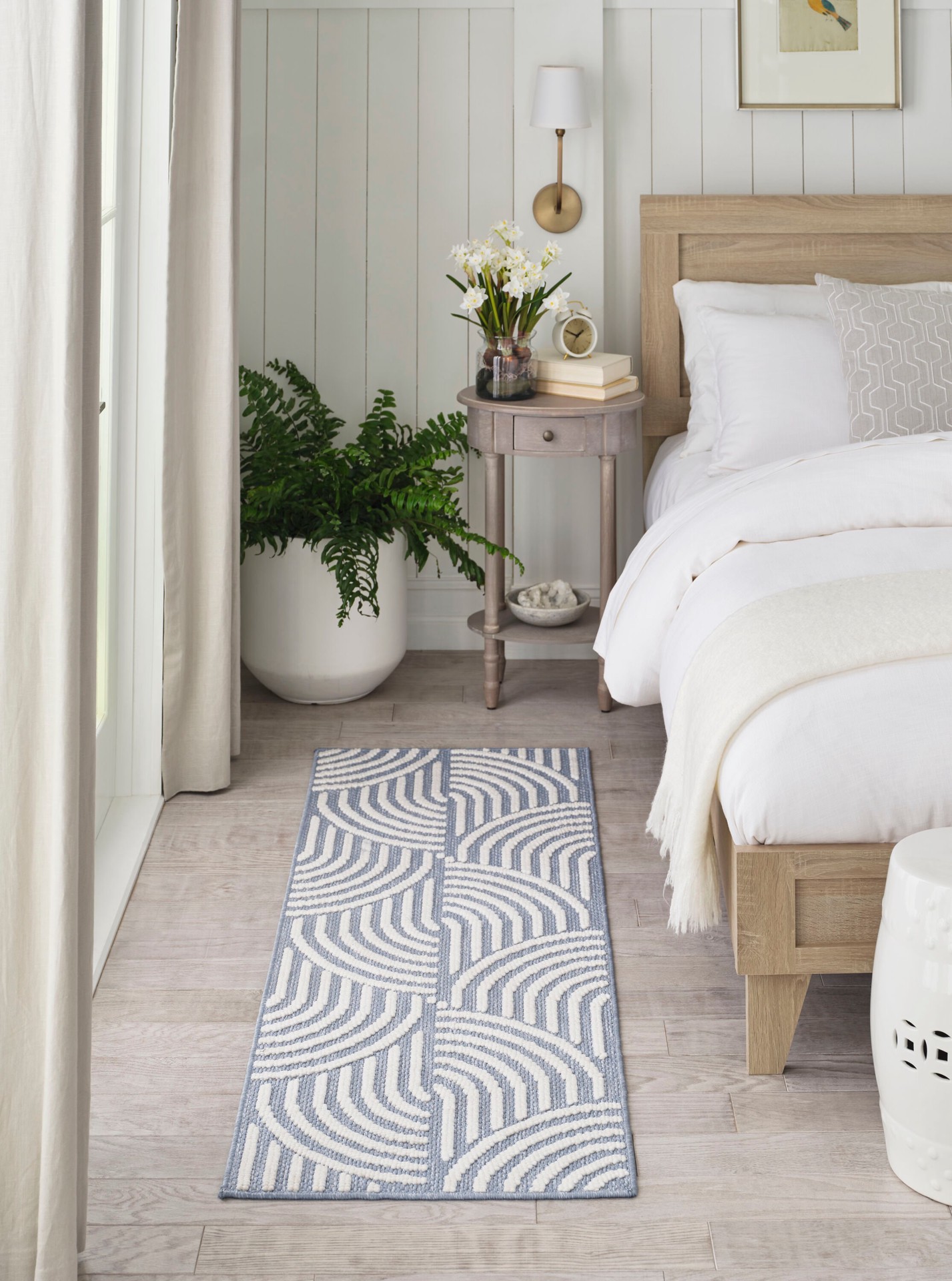 slide 1 of 6, allen + roth Rounded Shores 2 x 6 (ft) Loomed Light Blue Rectangular Indoor Geometric Mid-Century Modern Pet Friendly Runner rug, 1 ct