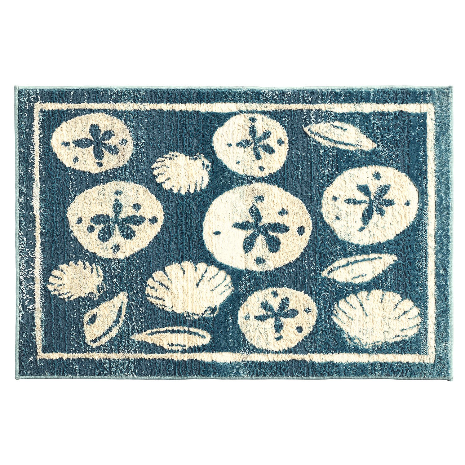 slide 6 of 6, allen + roth Shaping Shores 2 x 3 (ft) Loomed Blue/Natural Rectangular Indoor Shells Coastal Machine washable Throw rug 2, 1 ct