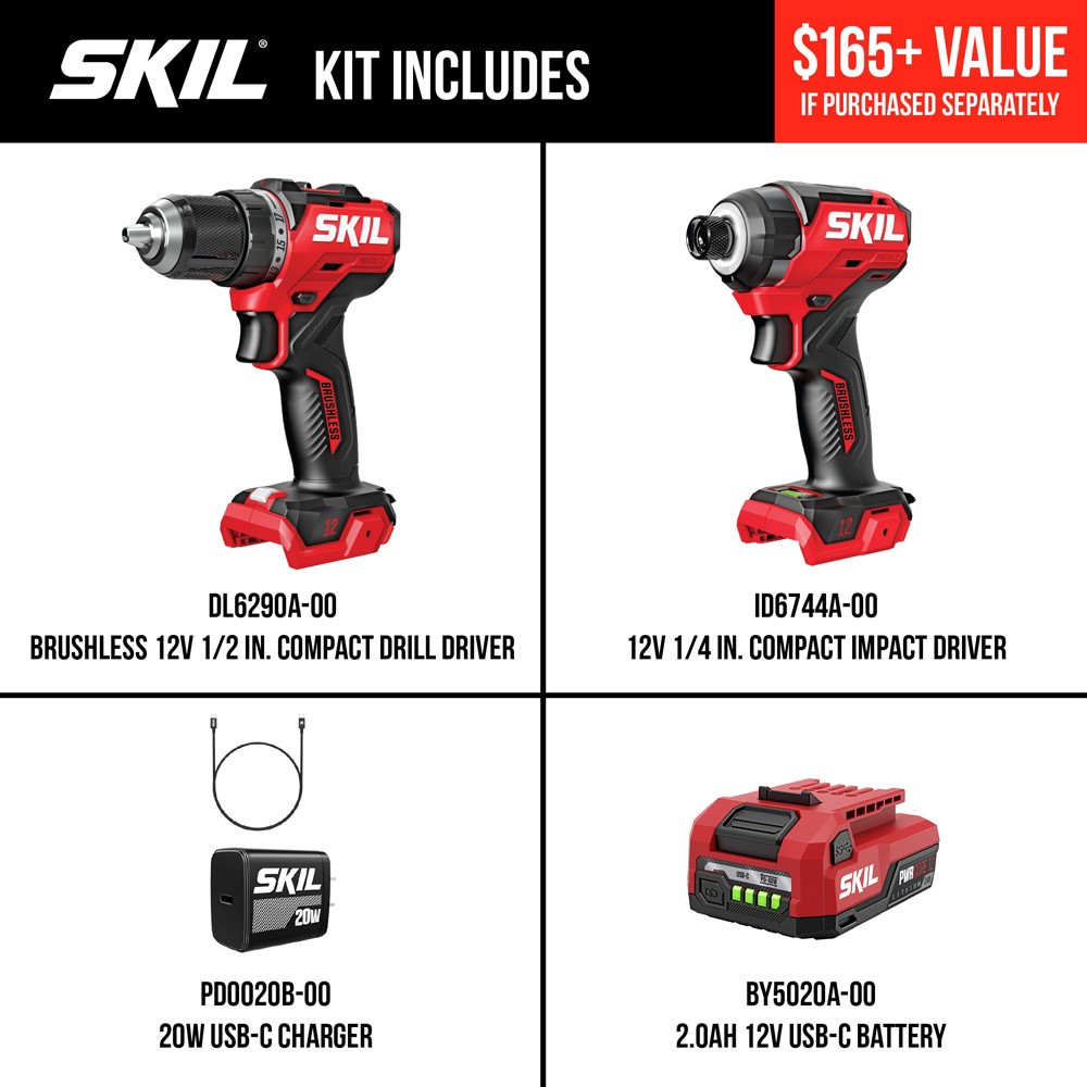 slide 2 of 6, SKIL 12-volt 2-Tool Brushless Power Tool Combo Kit (1-Battery Included and Charger Included), 1 ct