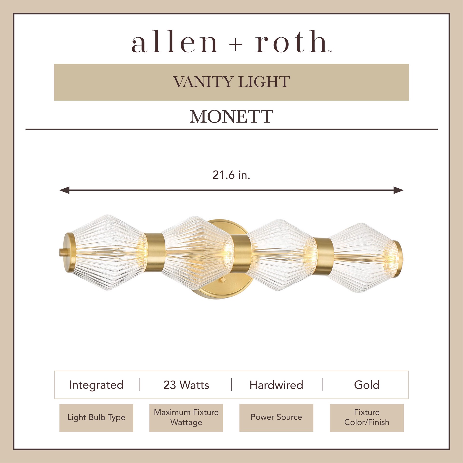 slide 2 of 6, allen + roth Monett 21.6-in 4 -Light Brushed Gold Transitional Vanity light bar, 1 ct