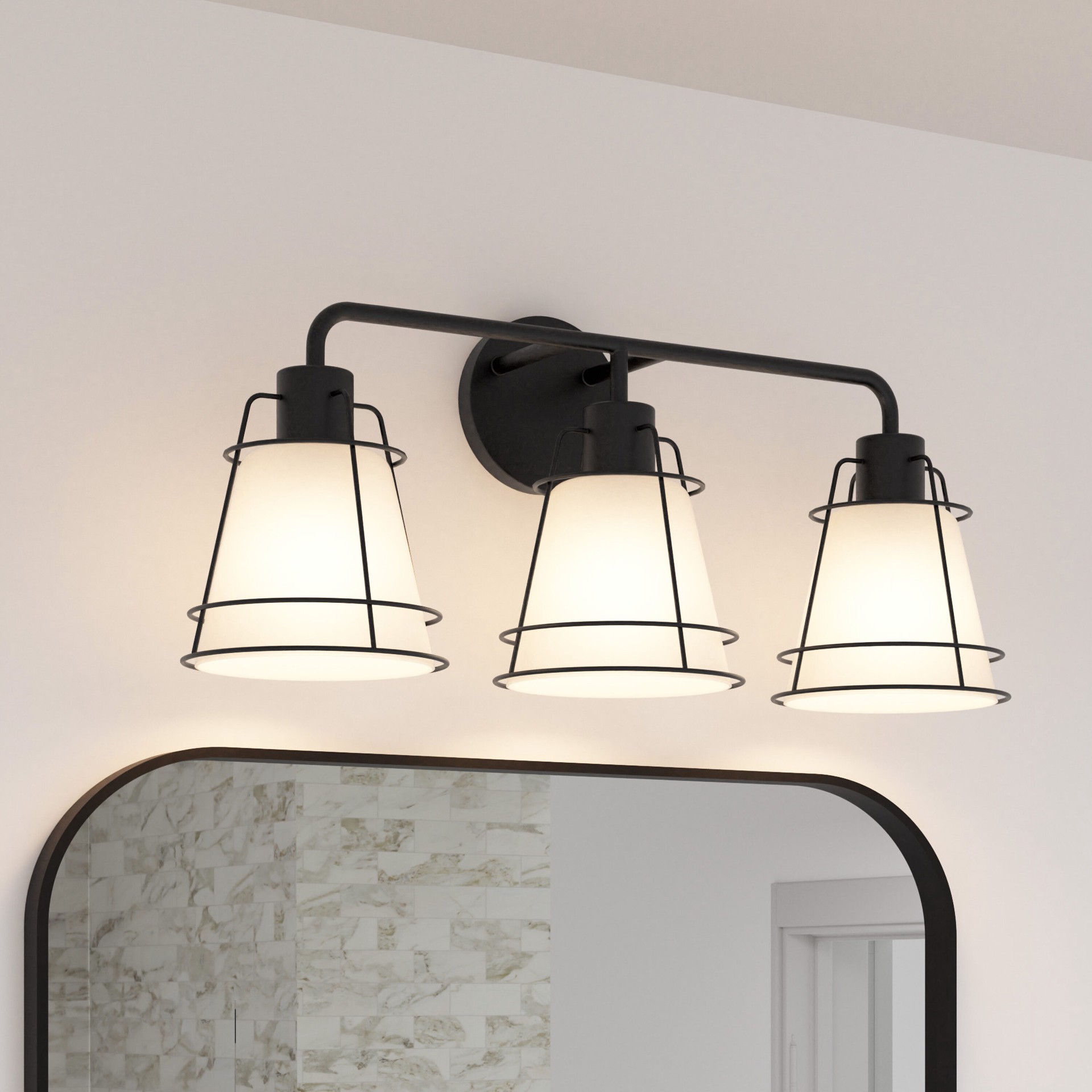 slide 1 of 6, Quoizel Valencia 22-in 3 -Light Matte Black Transitional Vanity light, 1 ct