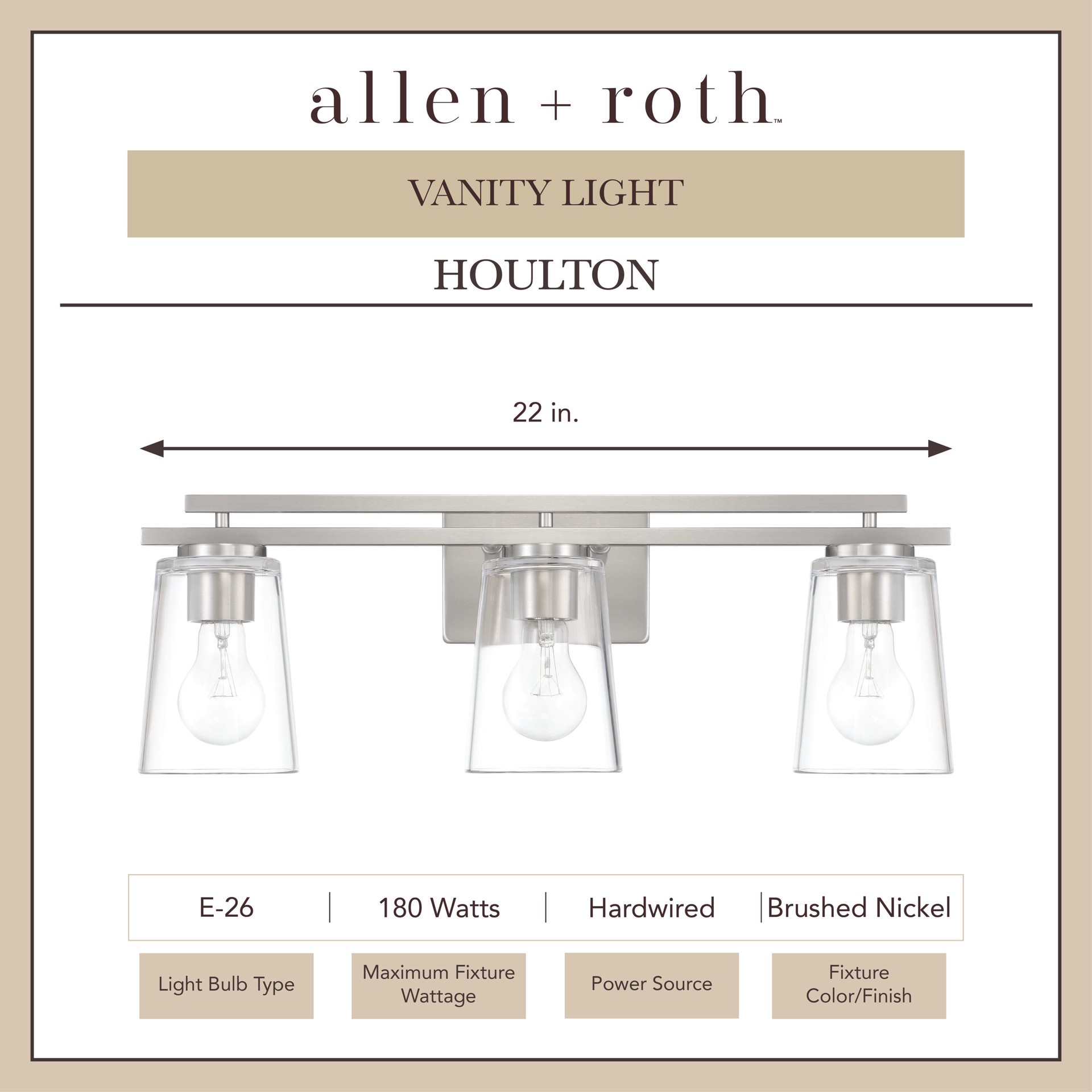 slide 3 of 6, allen + roth Houlton 22-in 3 -Light Brushed Nickel Modern/contemporary Vanity light, 1 ct