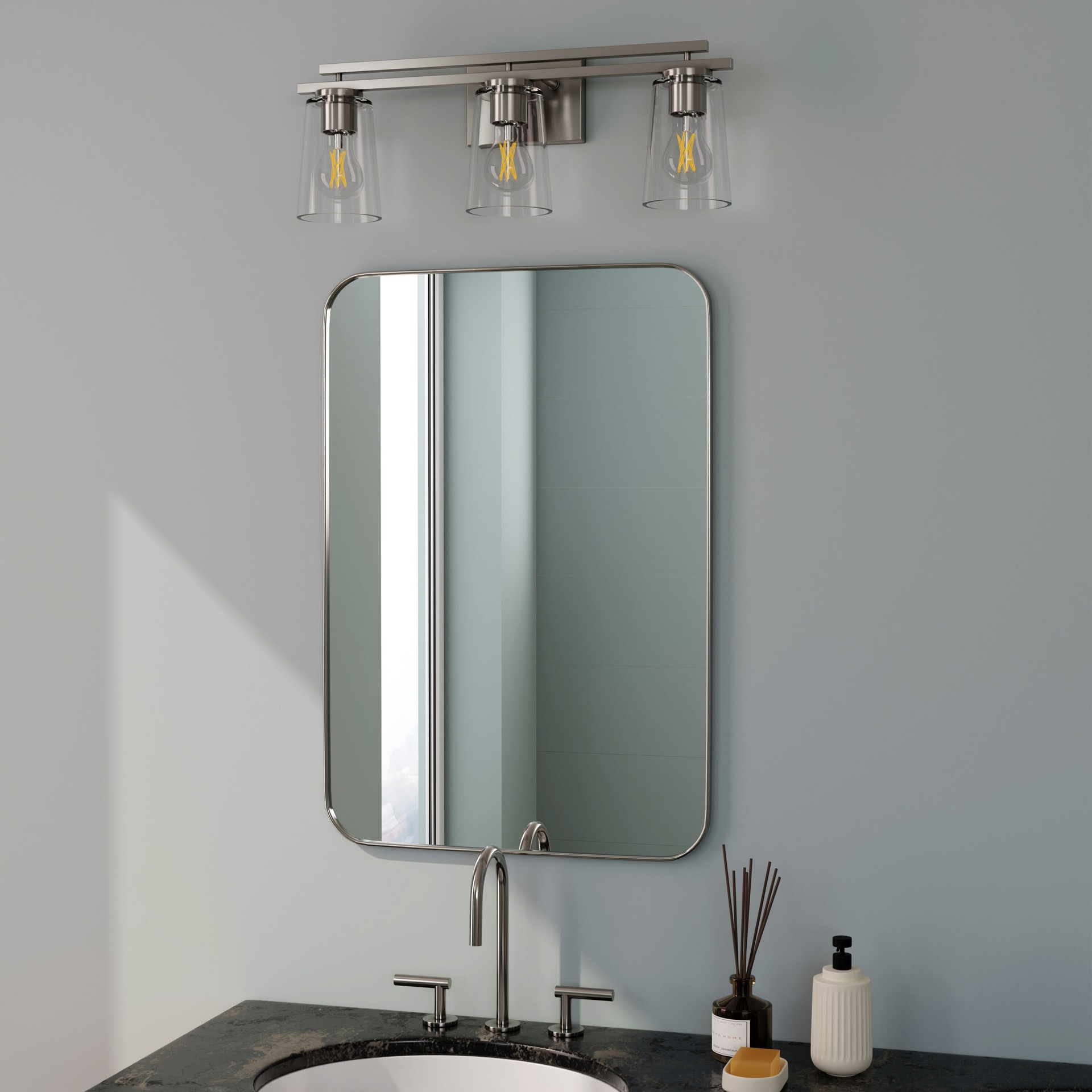 slide 6 of 6, allen + roth Houlton 22-in 3 -Light Brushed Nickel Modern/contemporary Vanity light, 1 ct