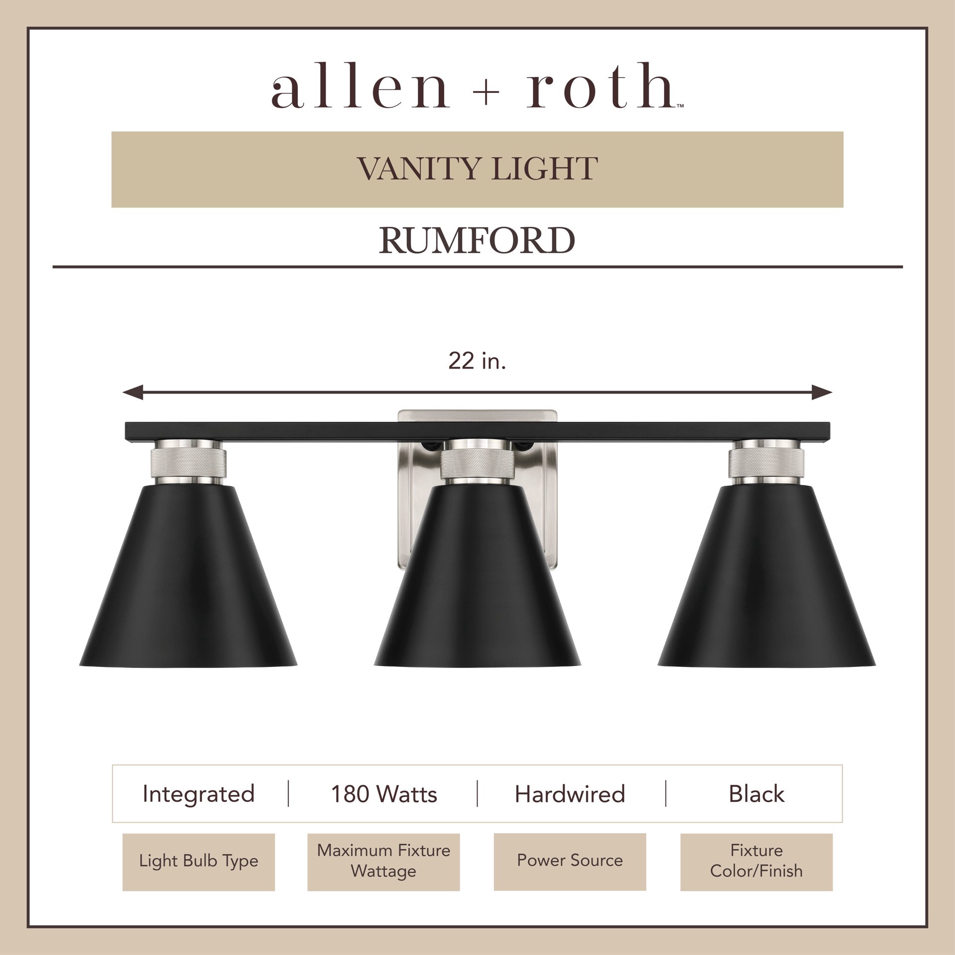 slide 3 of 6, allen + roth Rumford 22-in 3 -Light Black Transitional Vanity light, 1 ct