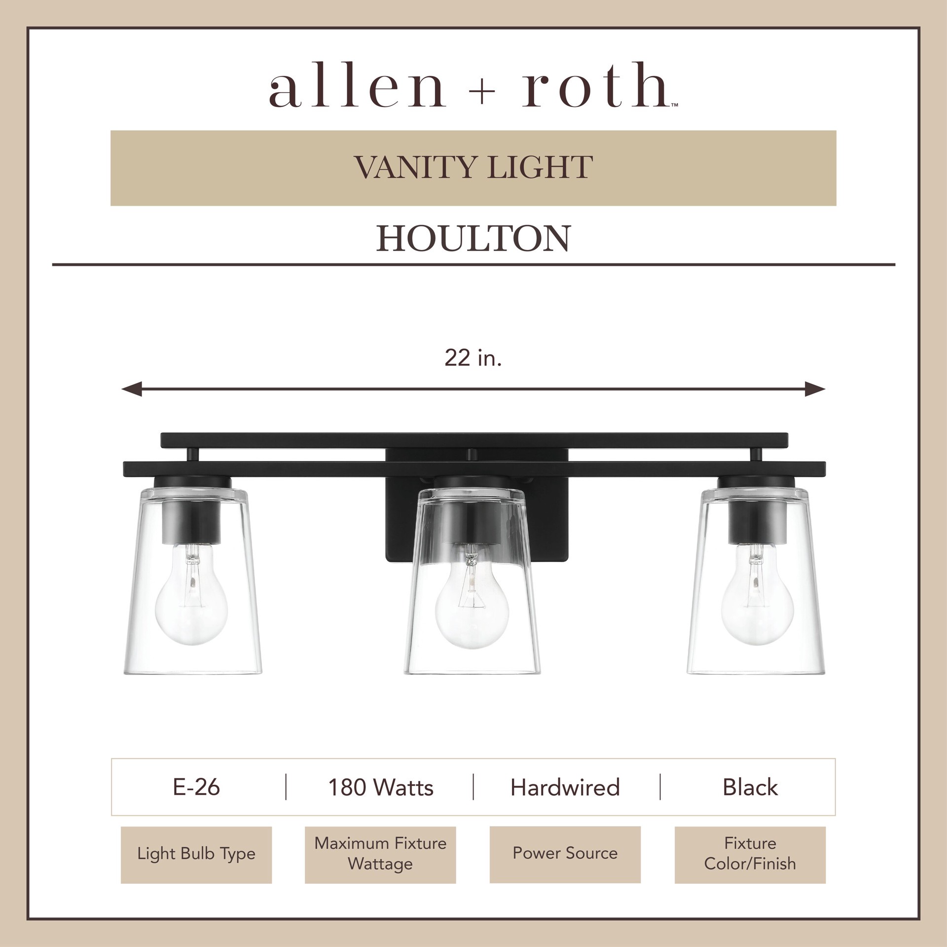 slide 3 of 6, allen + roth Houlton 22-in 3 -Light Black Modern/contemporary Vanity light, 1 ct