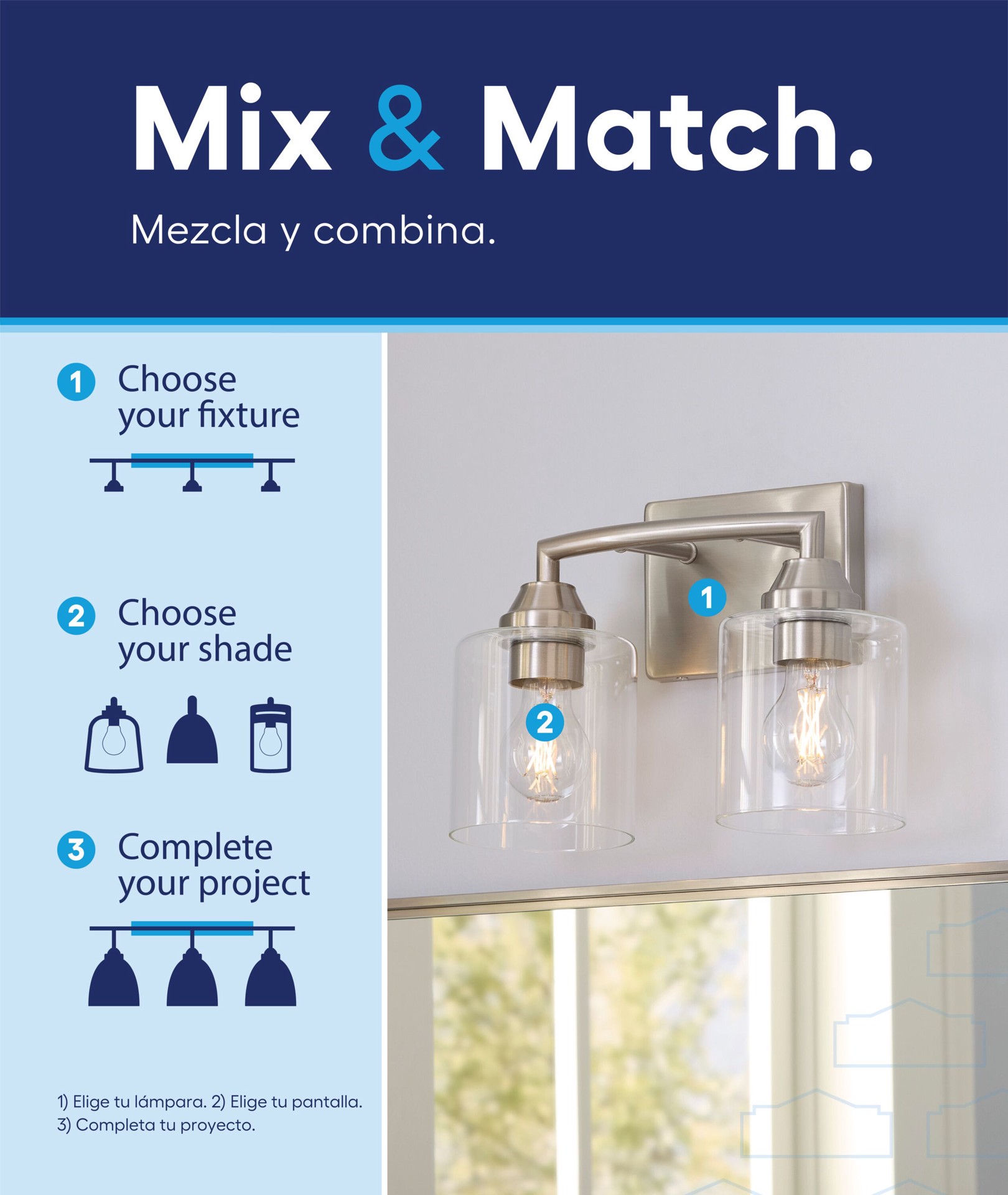 slide 2 of 6, Style Selections Mix and Match 10.62-in 2 -Light Brushed Nickel Transitional Vanity light fitter, 1 ct