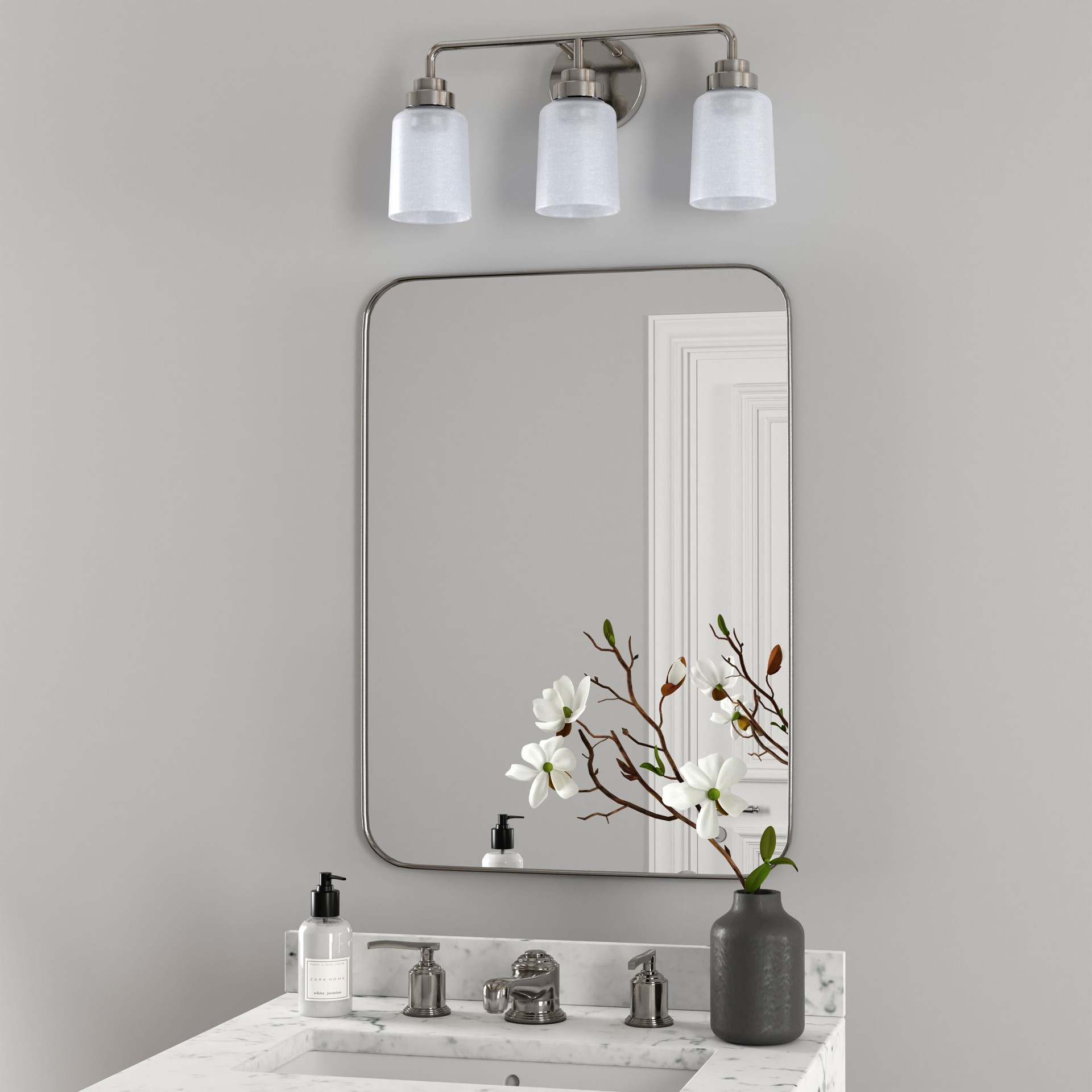 slide 4 of 6, Style Selections Mix and Match 18.5-in 3 -Light Brushed Nickel Transitional Vanity light fitter, 1 ct