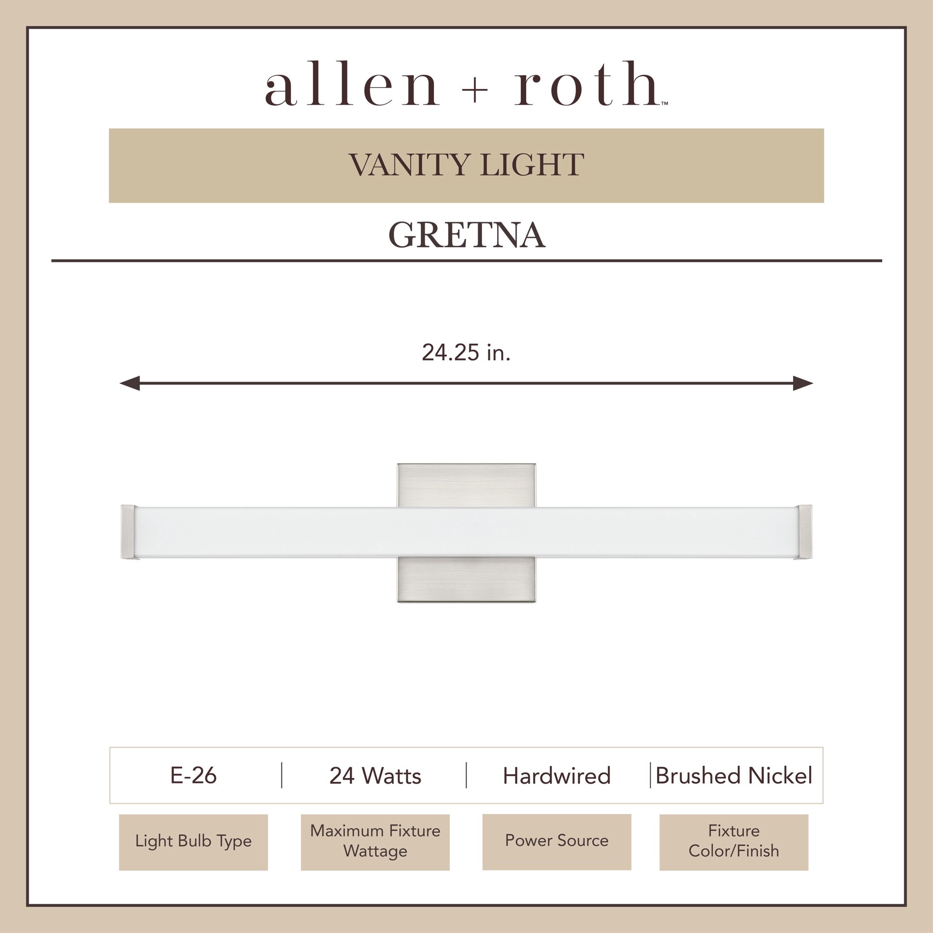 slide 6 of 6, allen + roth Gretna 24.25-in 1 -Light Brushed Nickel Integrated LED Modern/contemporary Vanity light bar, 1 ct