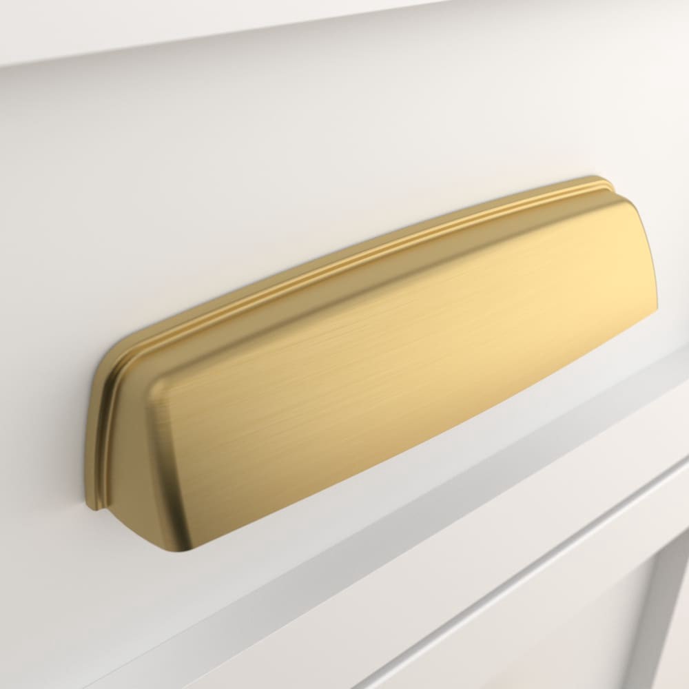 slide 2 of 6, allen + roth EIRA 5-1/16-in , 128mm Center to Center Brushed Gold Oblong Cup Drawer Pull, 1 ct