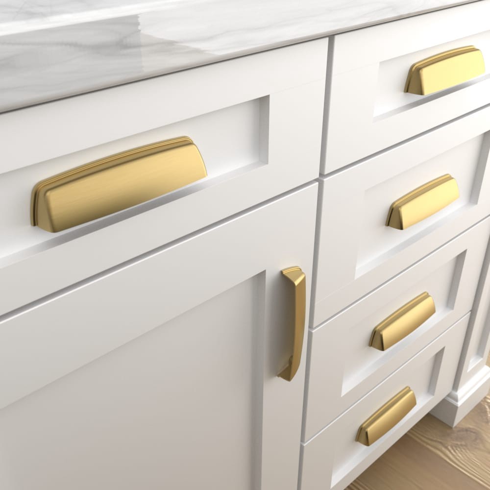 slide 3 of 6, allen + roth EIRA 5-1/16-in , 128mm Center to Center Brushed Gold Oblong Cup Drawer Pull, 1 ct