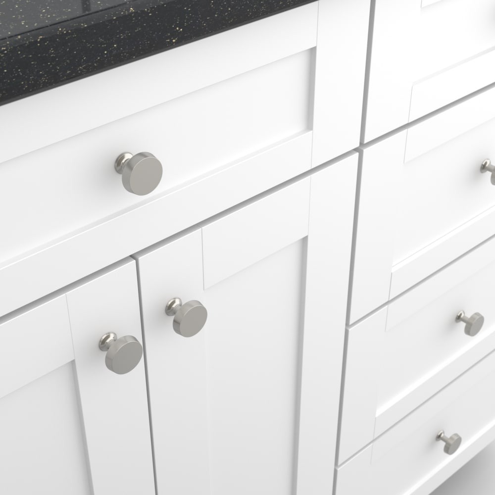 slide 4 of 6, Origin 21 ALLETA 1-1/4-in Satin Nickel Round Casual Cabinet Knob, 1 ct