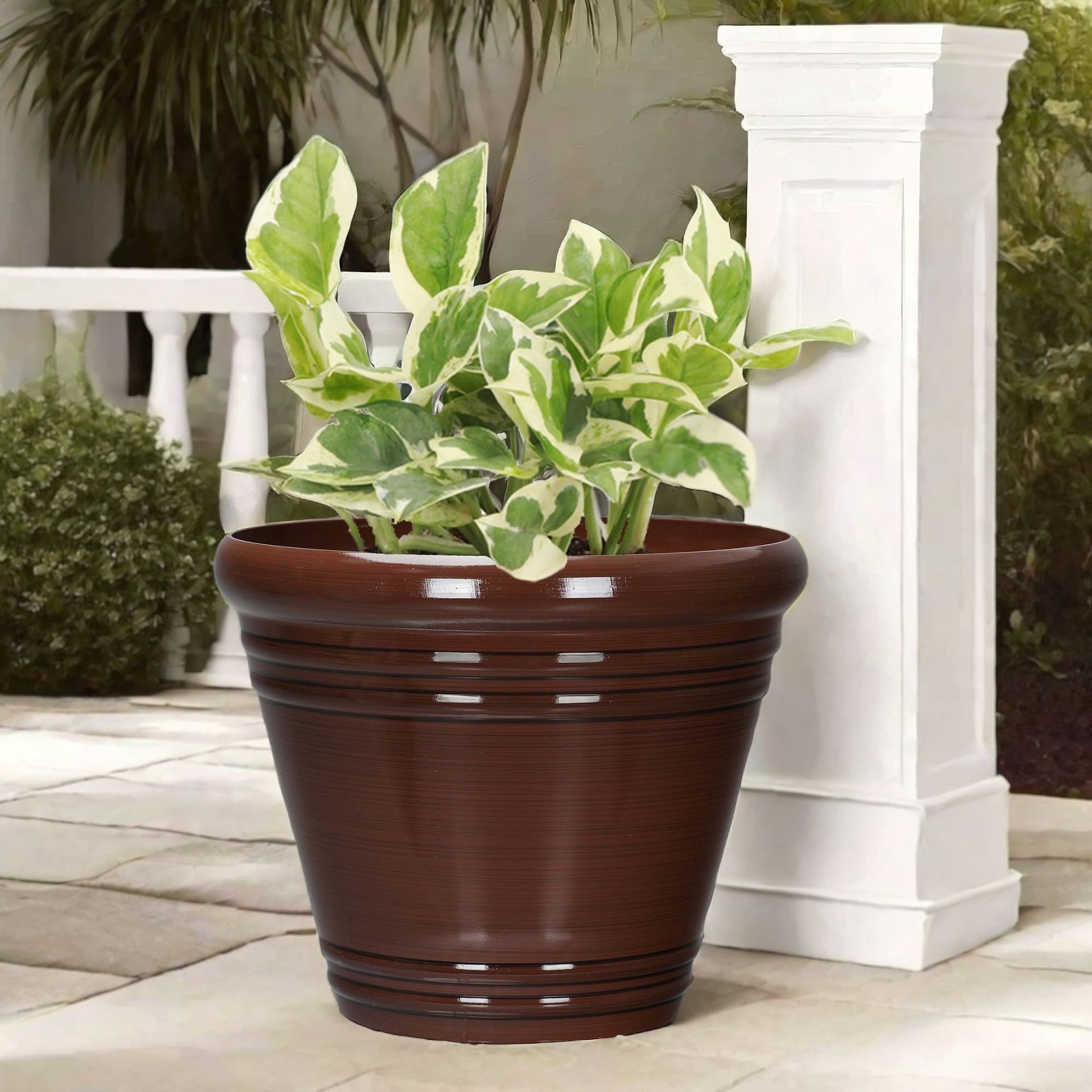 slide 2 of 6, Style Selections Round 13.46-in W x 11.65-in H x Brown Recycled plastic Contemporary/Modern Indoor/Outdoor Planter, 1 ct