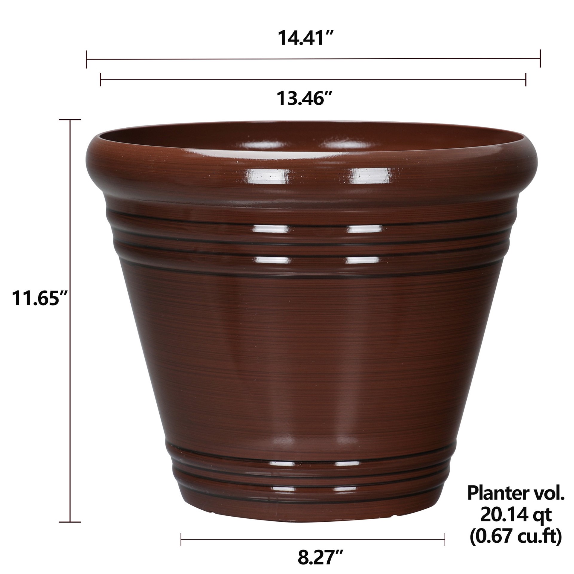 slide 4 of 6, Style Selections Round 13.46-in W x 11.65-in H x Brown Recycled plastic Contemporary/Modern Indoor/Outdoor Planter, 1 ct