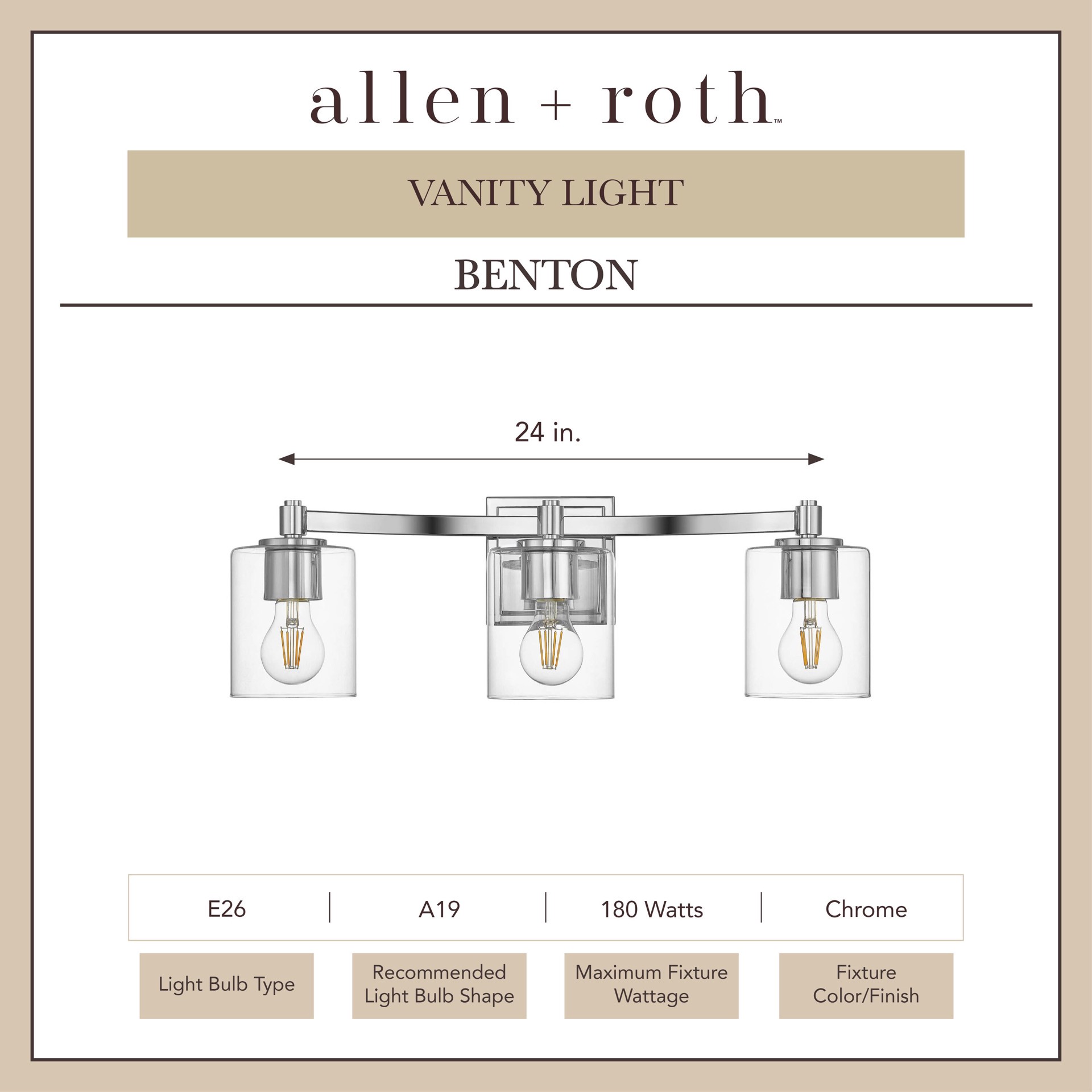 slide 2 of 6, allen + roth Benton 24-in 3 -Light Polished Chrome Transitional Vanity light, 1 ct
