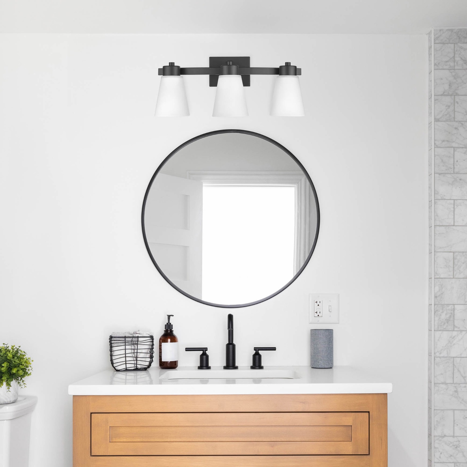 slide 6 of 6, allen + roth Fairendale 21.75-in 3 -Light Matte Black Transitional Vanity light, 1 ct