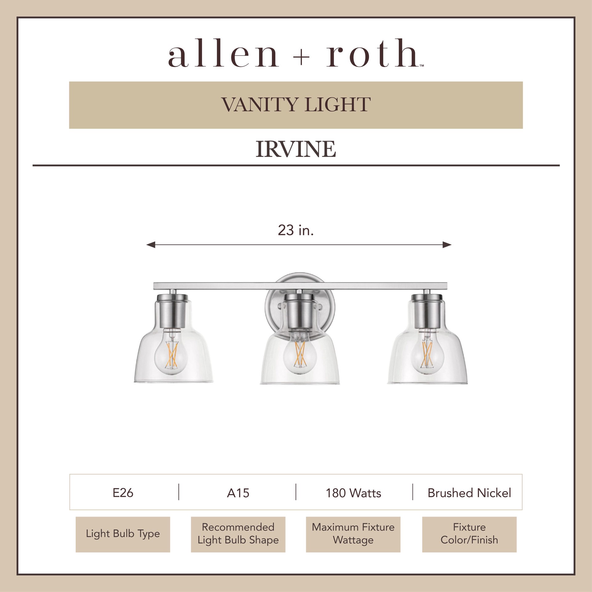 slide 2 of 6, allen + roth Irvine 23-in 3 -Light Brushed Nickel Transitional Vanity light, 1 ct