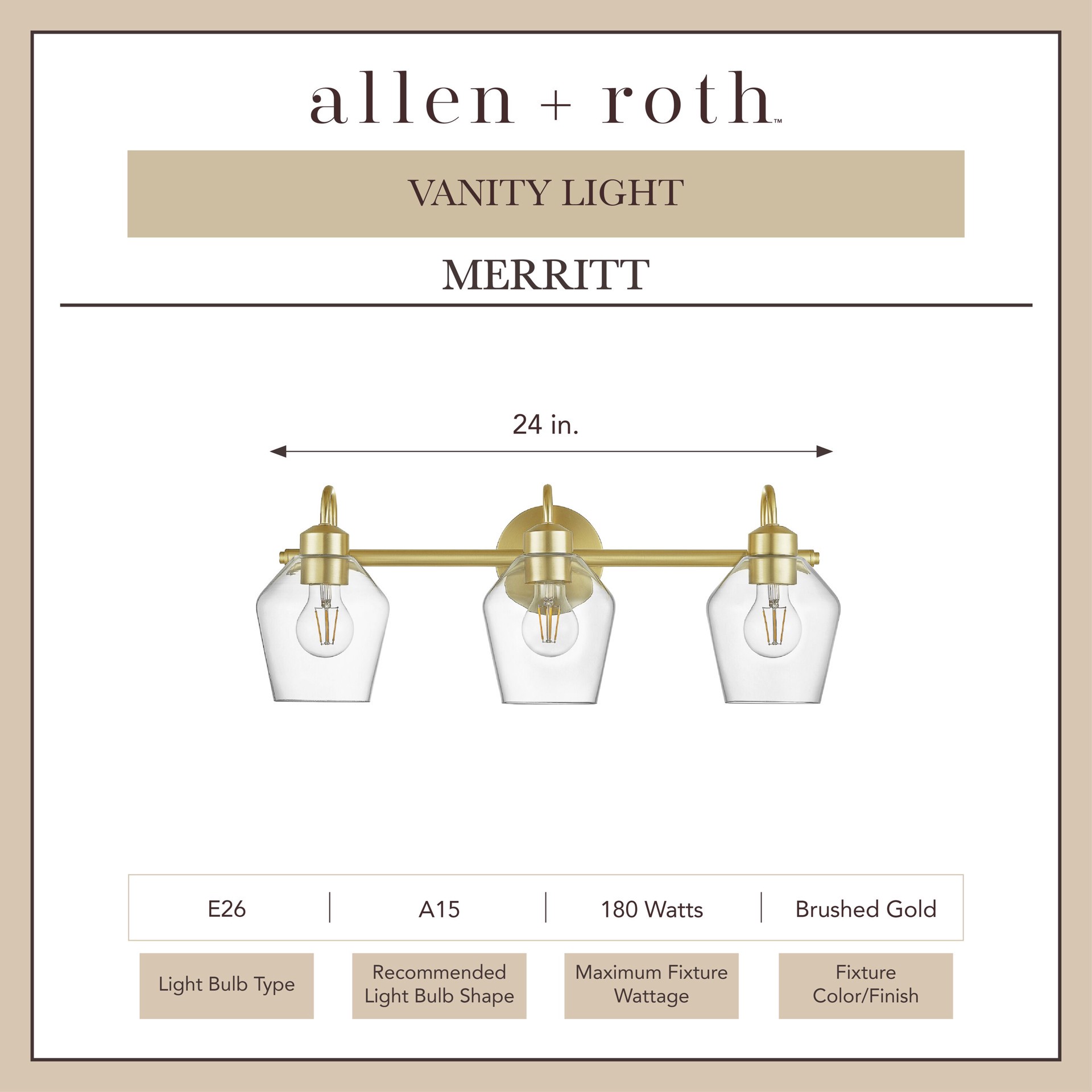 slide 2 of 6, allen + roth Merritt 24-in 3 -Light Brushed Gold Modern/contemporary Vanity light, 1 ct