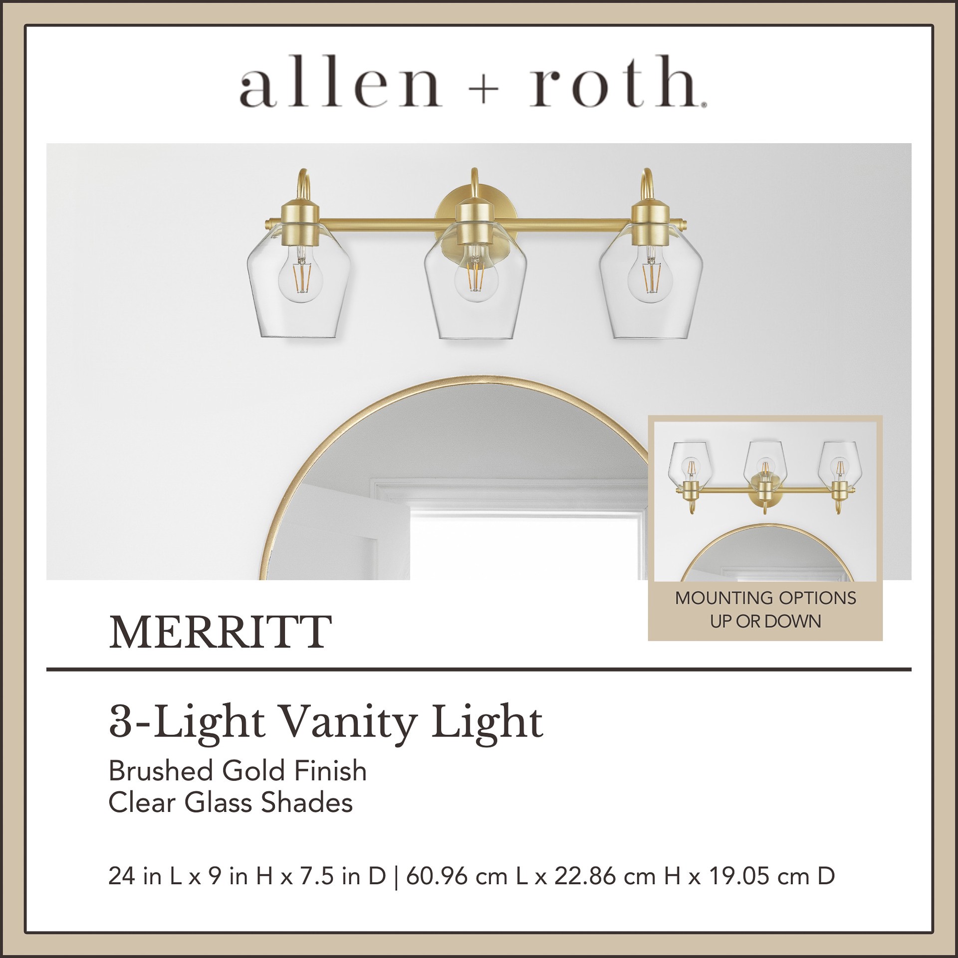 slide 5 of 6, allen + roth Merritt 24-in 3 -Light Brushed Gold Modern/contemporary Vanity light, 1 ct