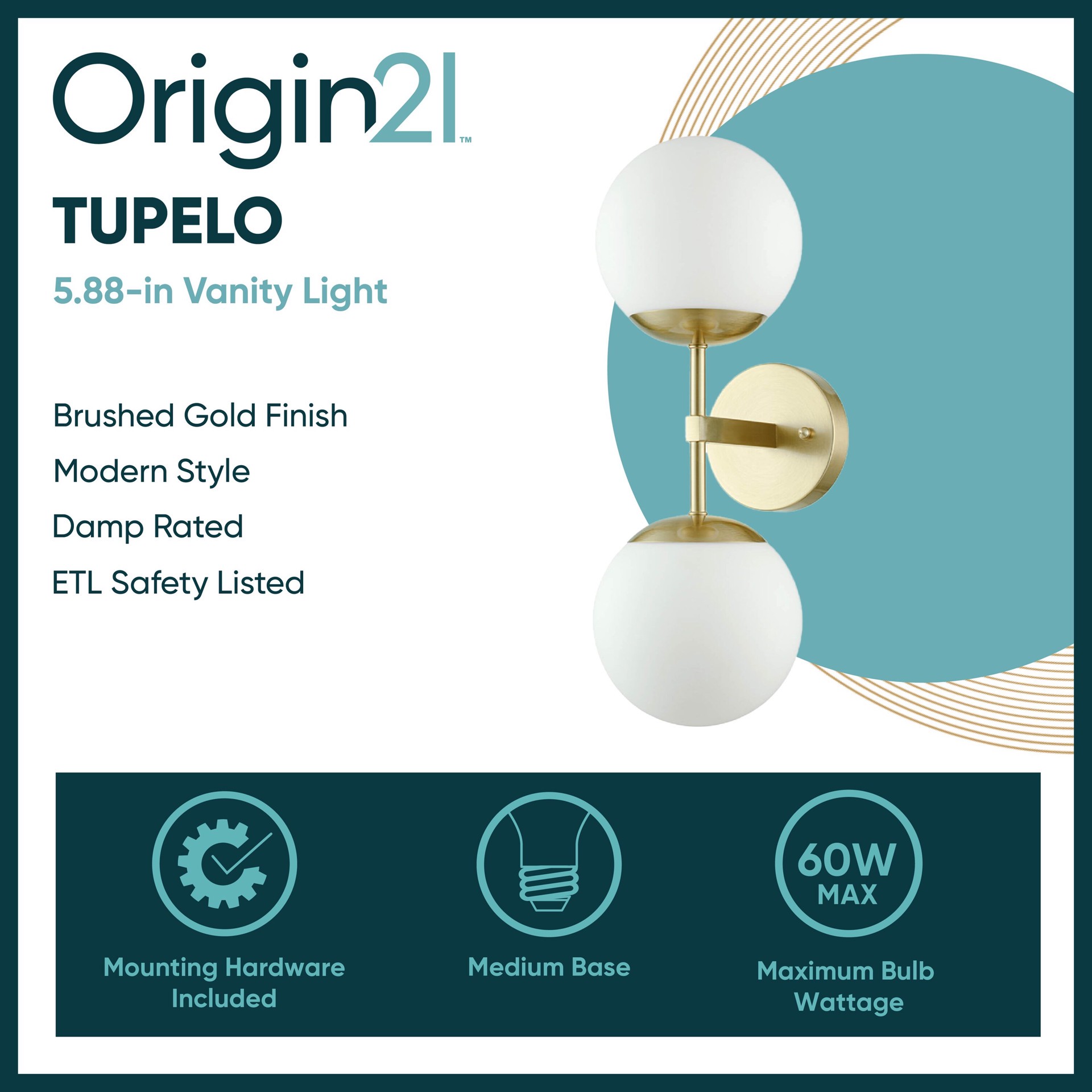 slide 2 of 6, Origin 21 Tupelo 5.88-in 2 Light Brushed Gold Modern/contemporary Bathroom Vanity light, 1 ct
