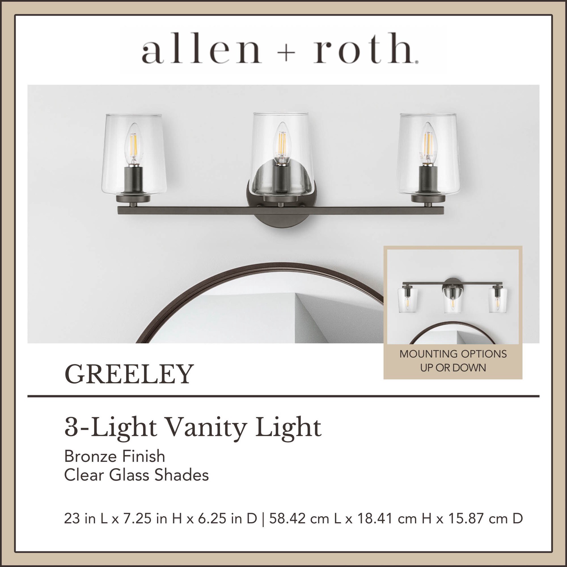 slide 5 of 6, allen + roth Greeley 23-in 3 -Light Matte Bronze Traditional Vanity light, 1 ct